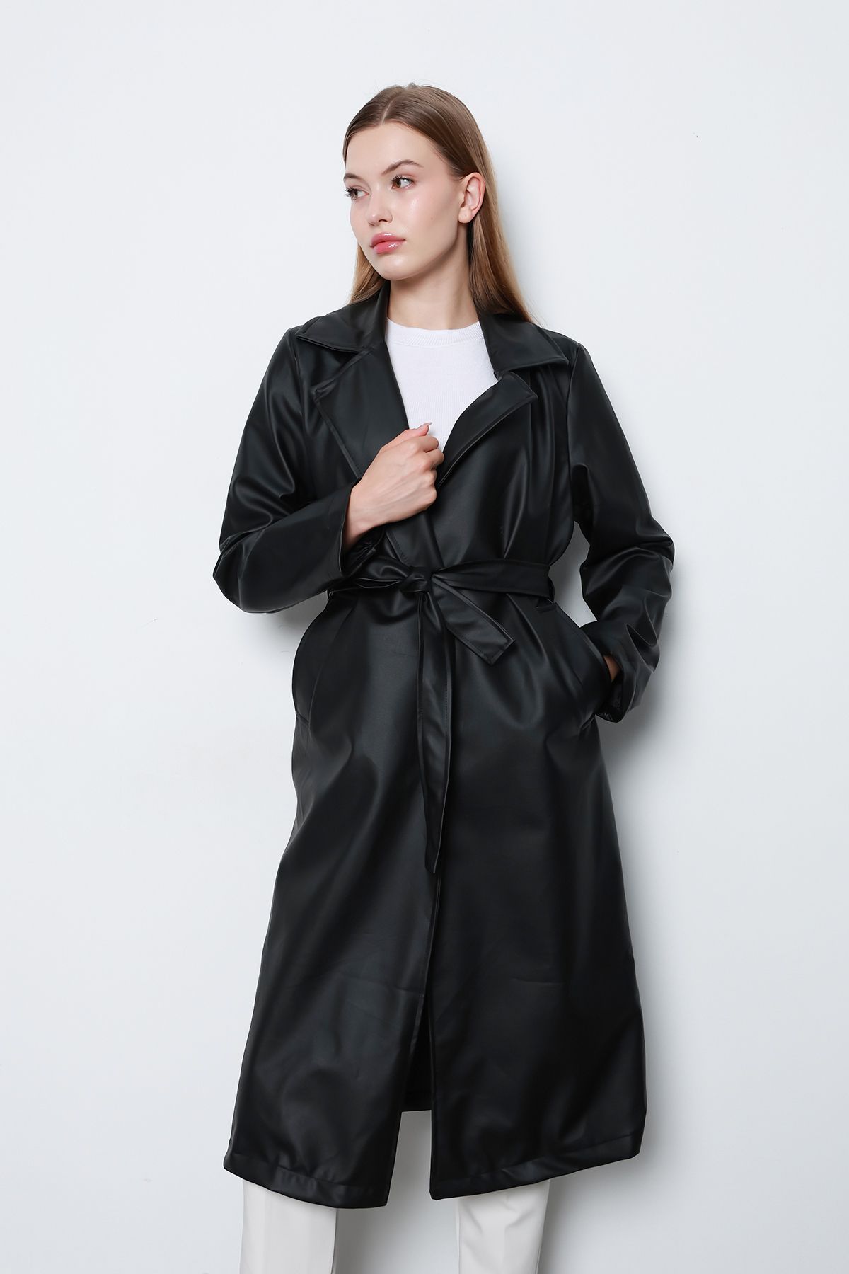 İKLİM LİFE-Black Leather Coat - Lined and Belted 4