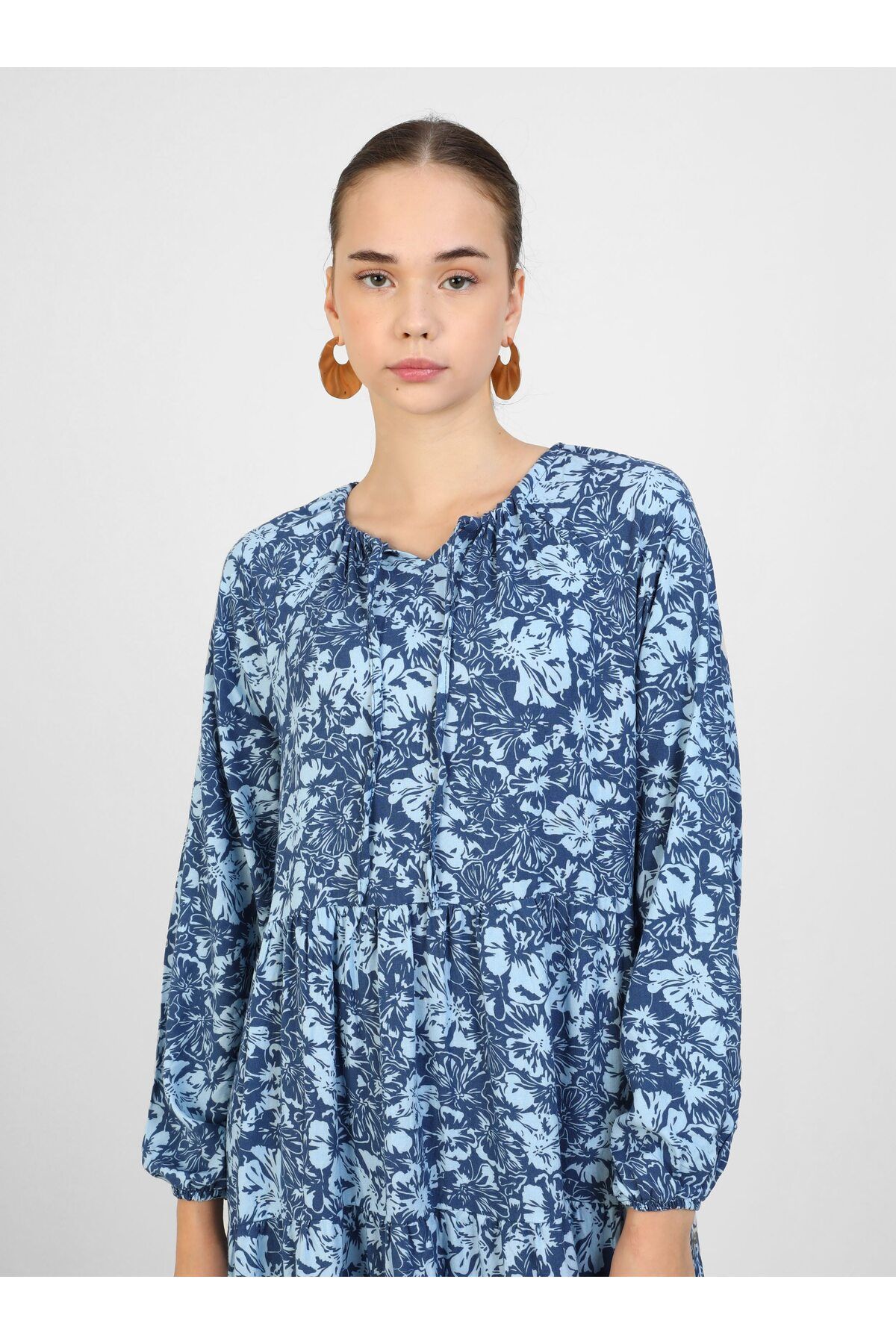 Refka-Dark Indigo Floral Patterned Viscose Hijab Dress - Refka 2