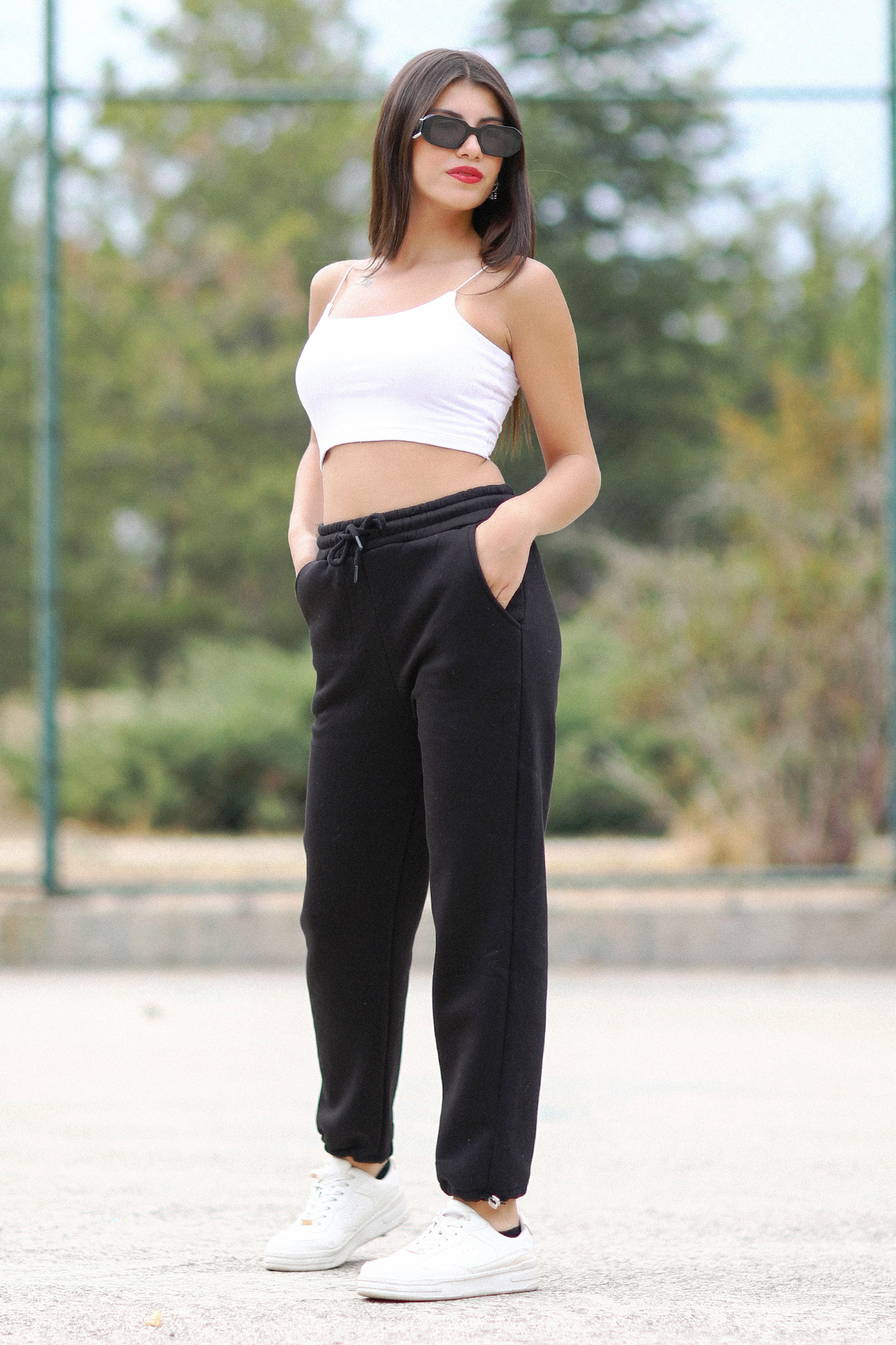 [Kadın Spor Eşofman Altı Siyah Paçası Stoperli Pamuk Karışım - 2588]