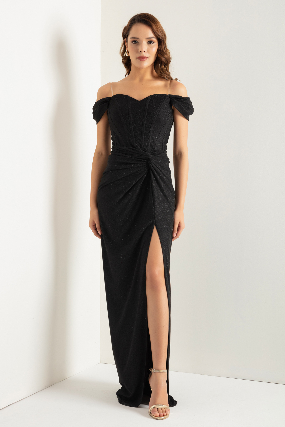 Lafaba-Women's Black Double Breasted Lined Long Silvery Evening Dress with Corset Detail 3