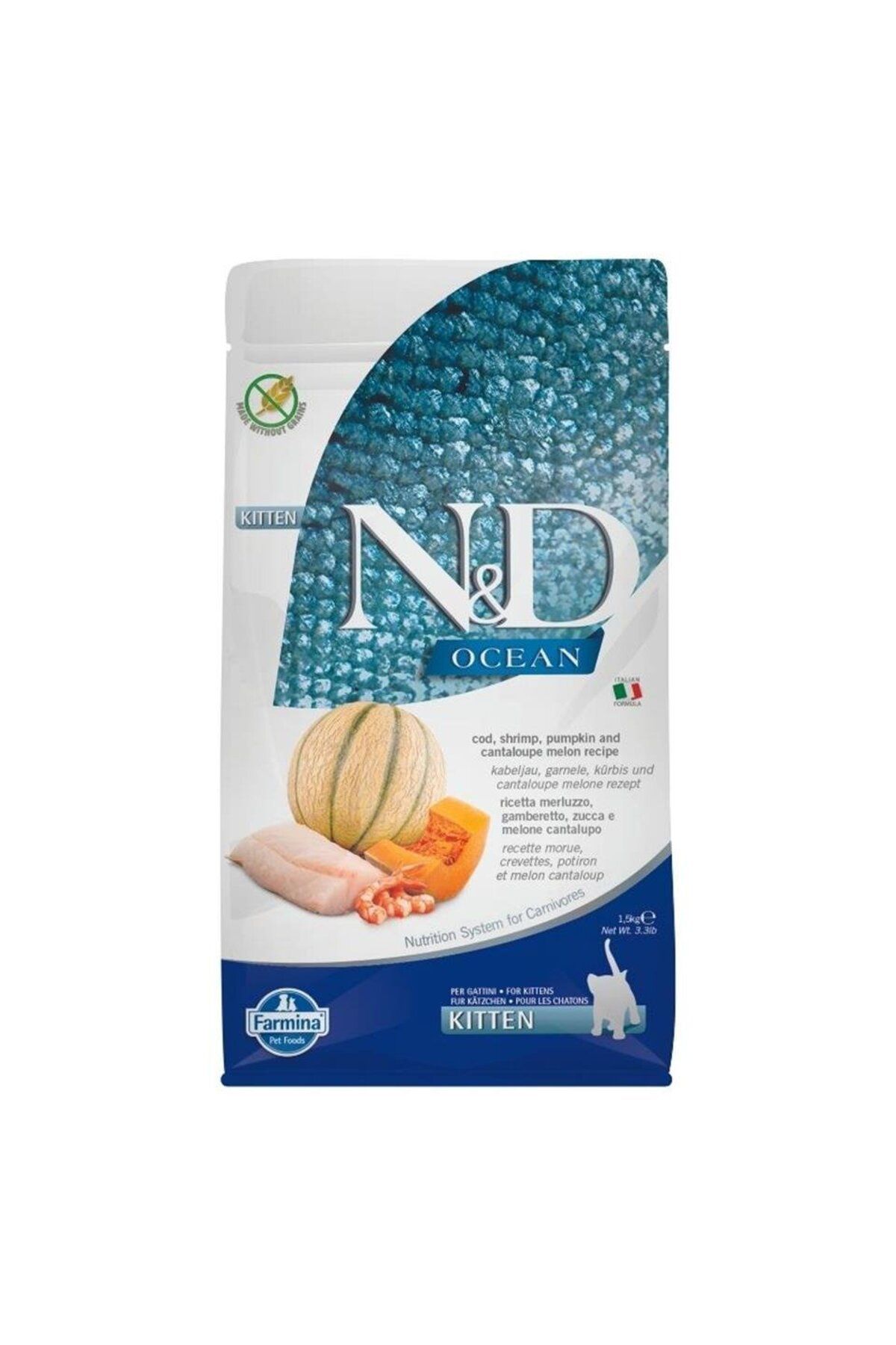 N&D Ocean Tahılsız Morina Balığı, Karides, Balkabağı & Kavun Yavru Kedi Maması 1,5 Kg