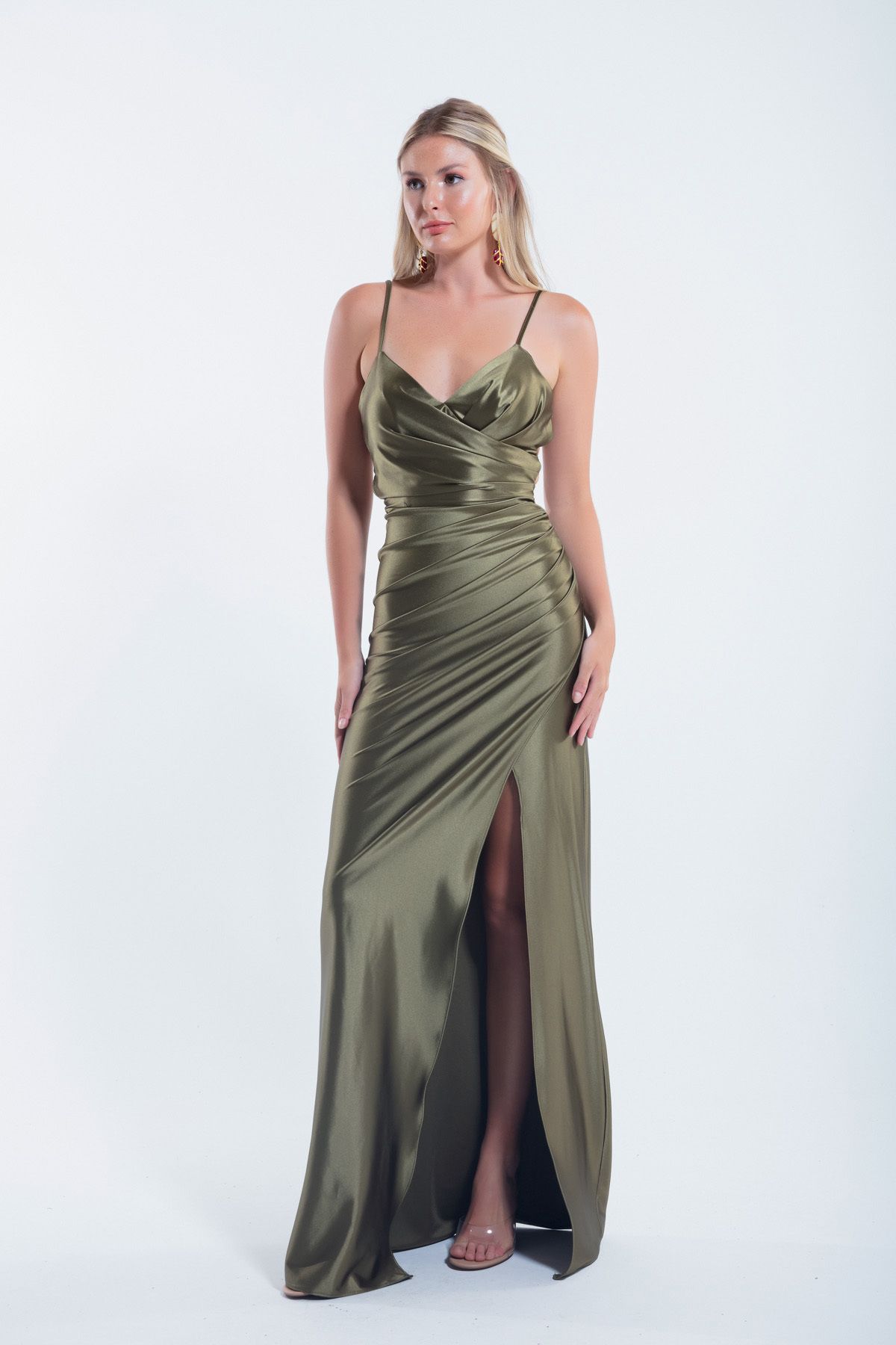 Lafaba-Khaki Colored Women's Evening Dress - Long Dress with Backless and Slit 1