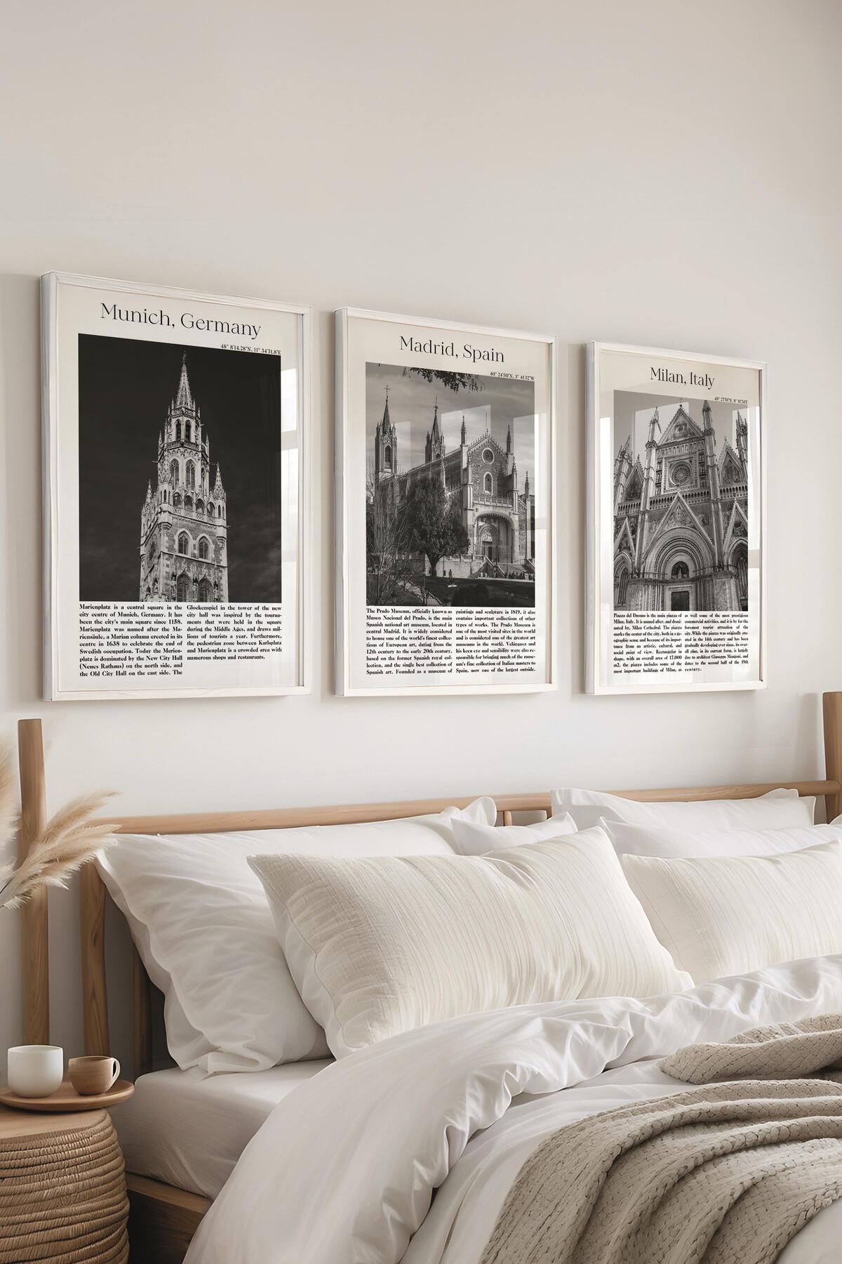 Framed Table Set, 3 White Frames and City-Travel Themed Poster Set, No:300451