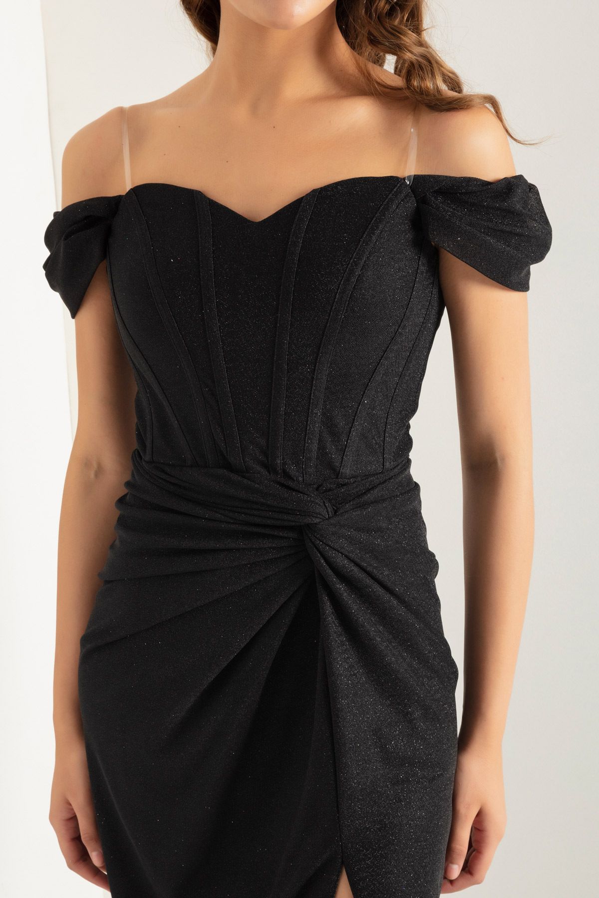Lafaba-Women's Black Double Breasted Lined Long Silvery Evening Dress with Corset Detail 4