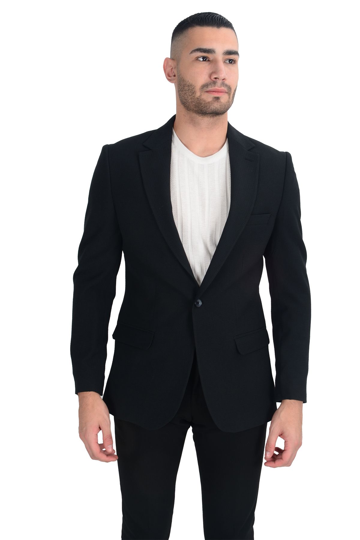Cengiz İnler-Cengiz Inler Seersucker Single Button Mono Collar Men's Jacket 4