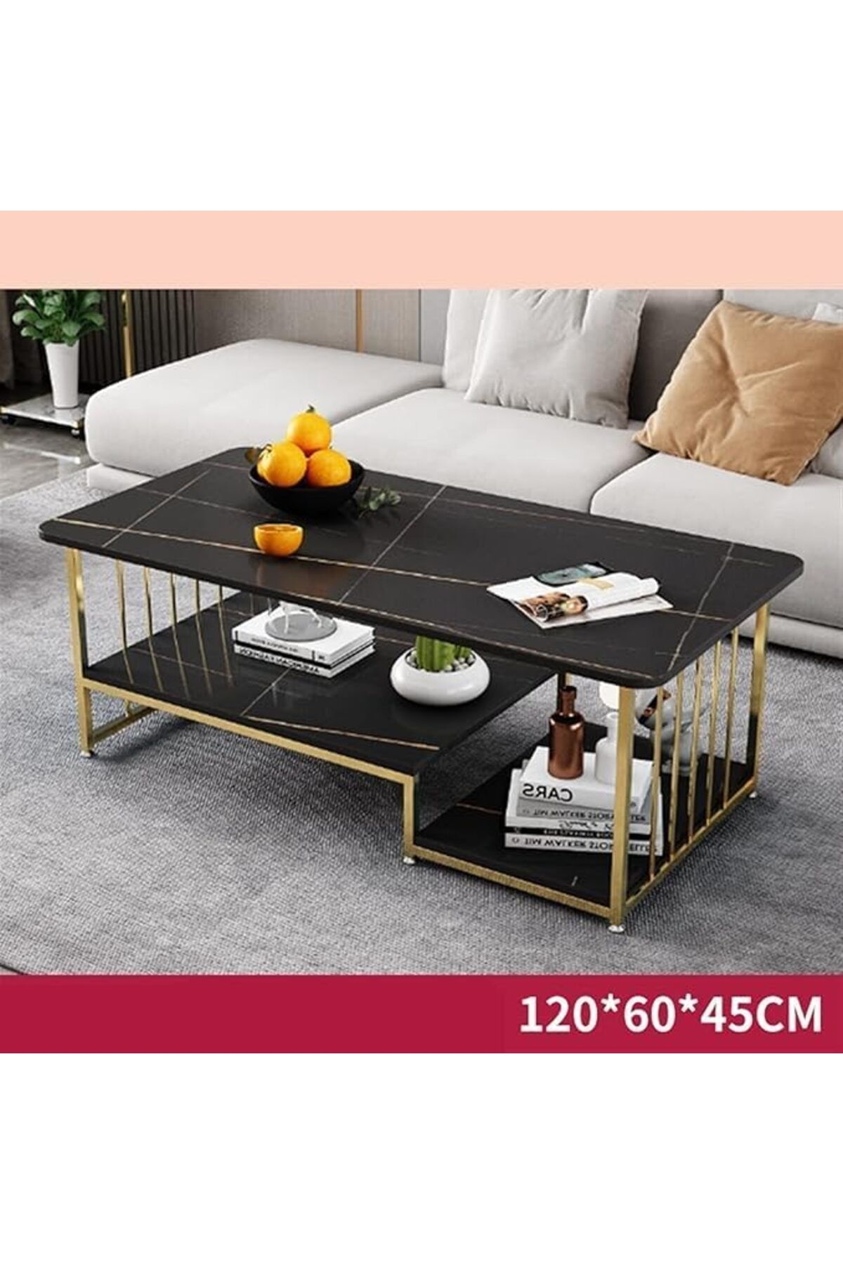 Vital-Coffee Table with Storage, Rectangular Sofa Tables Open Shelf for Living Room, Center Marble F 2