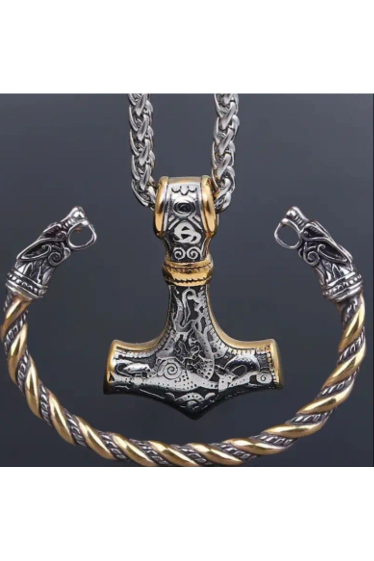 SE Jewellery Viking Vintage Kurt Kafası Erkek Kolye Bileklik Set