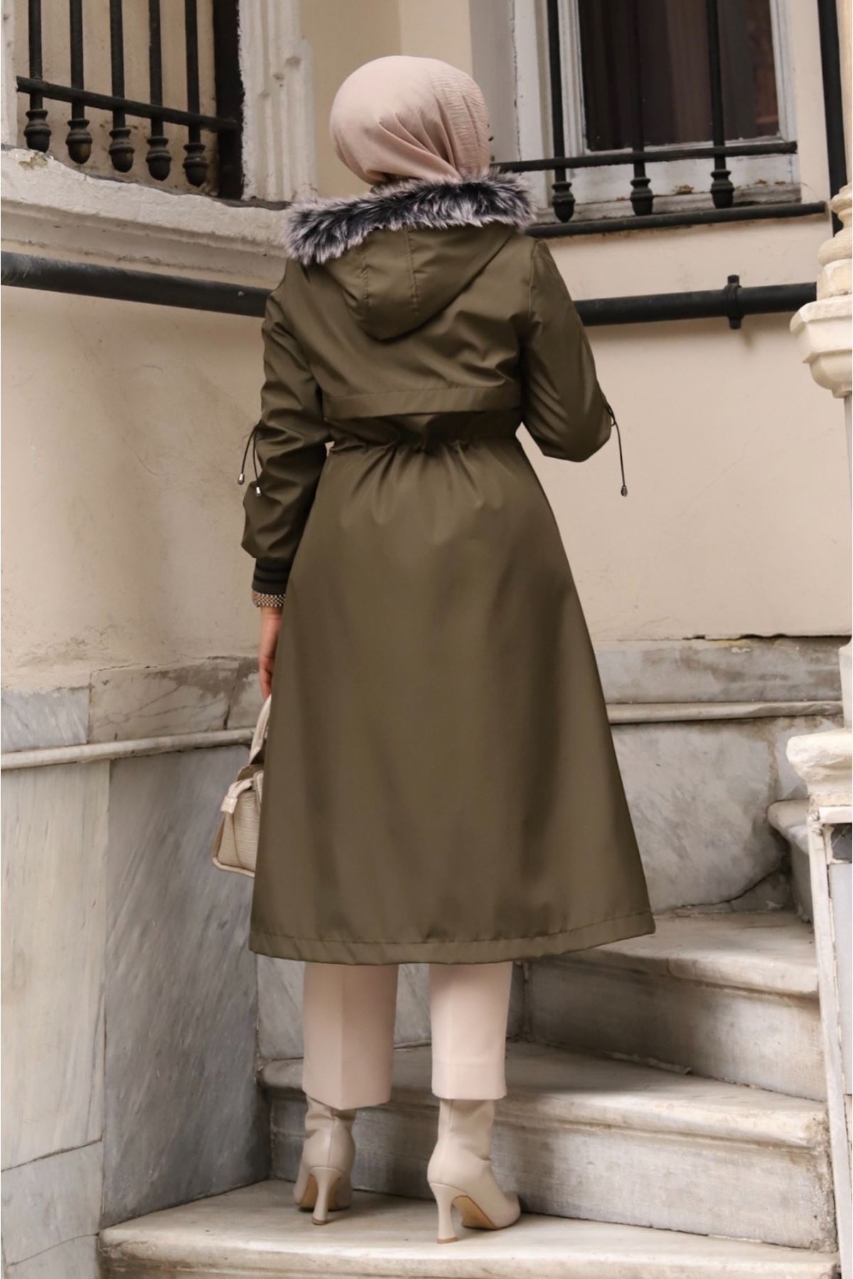 ALNİSS COLLECTİON  Kolu Ribanalı İçi Kürklü Çıkarılabilir Kapüşonlu Su Geçirmez Kadın Mont - Görsel 6