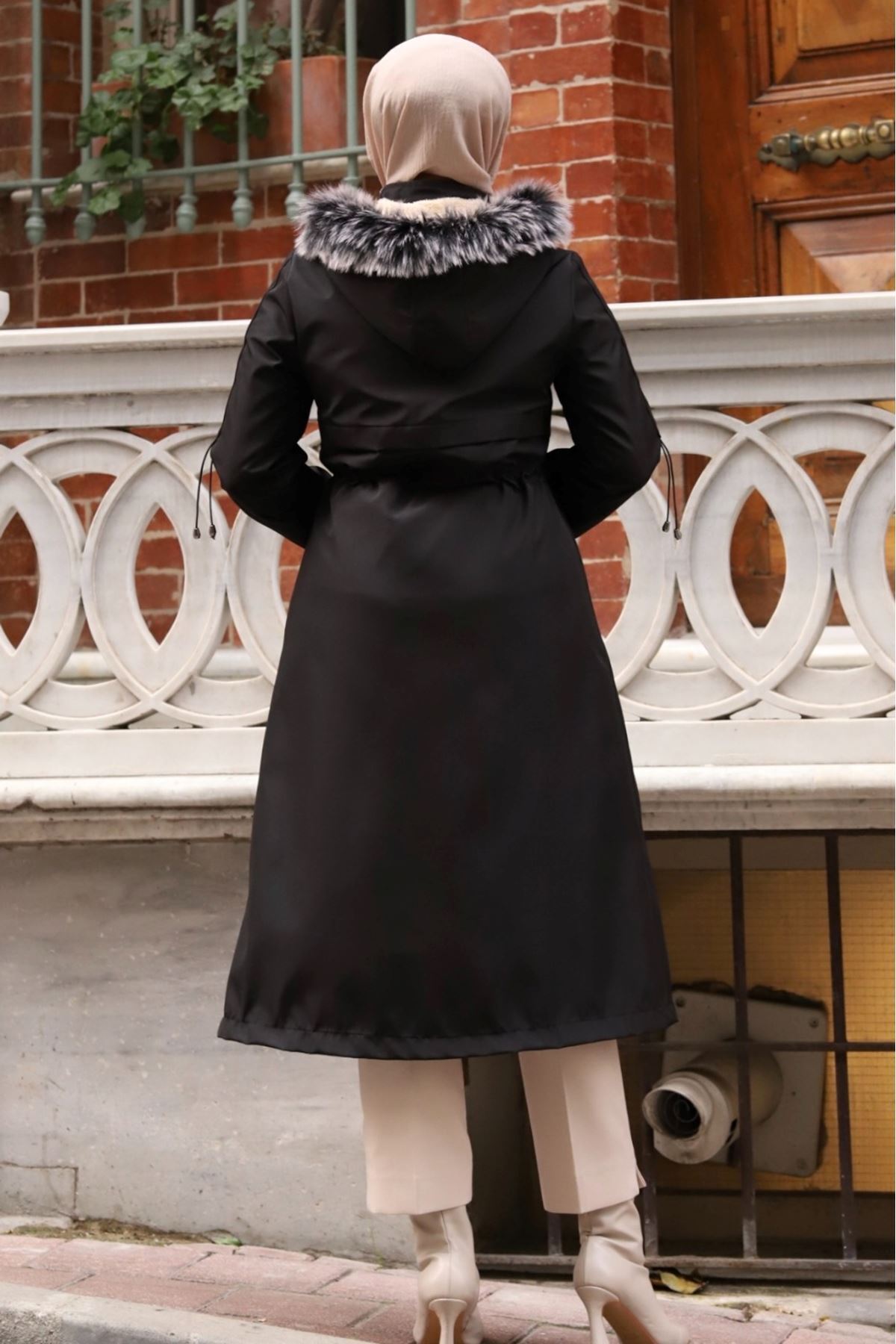 ALNİSS COLLECTİON  Kolu Ribanalı İçi Kürklü Çıkarılabilir Kapüşonlu Su Geçirmez Kadın Mont - Görsel 9