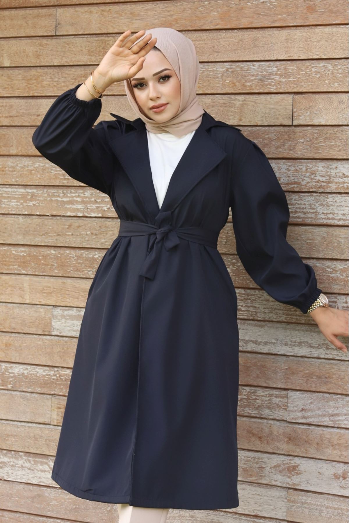 ALNİSS COLLECTİON Belden Bağlamalı Balon Kol Kadın Trenç görsel 6