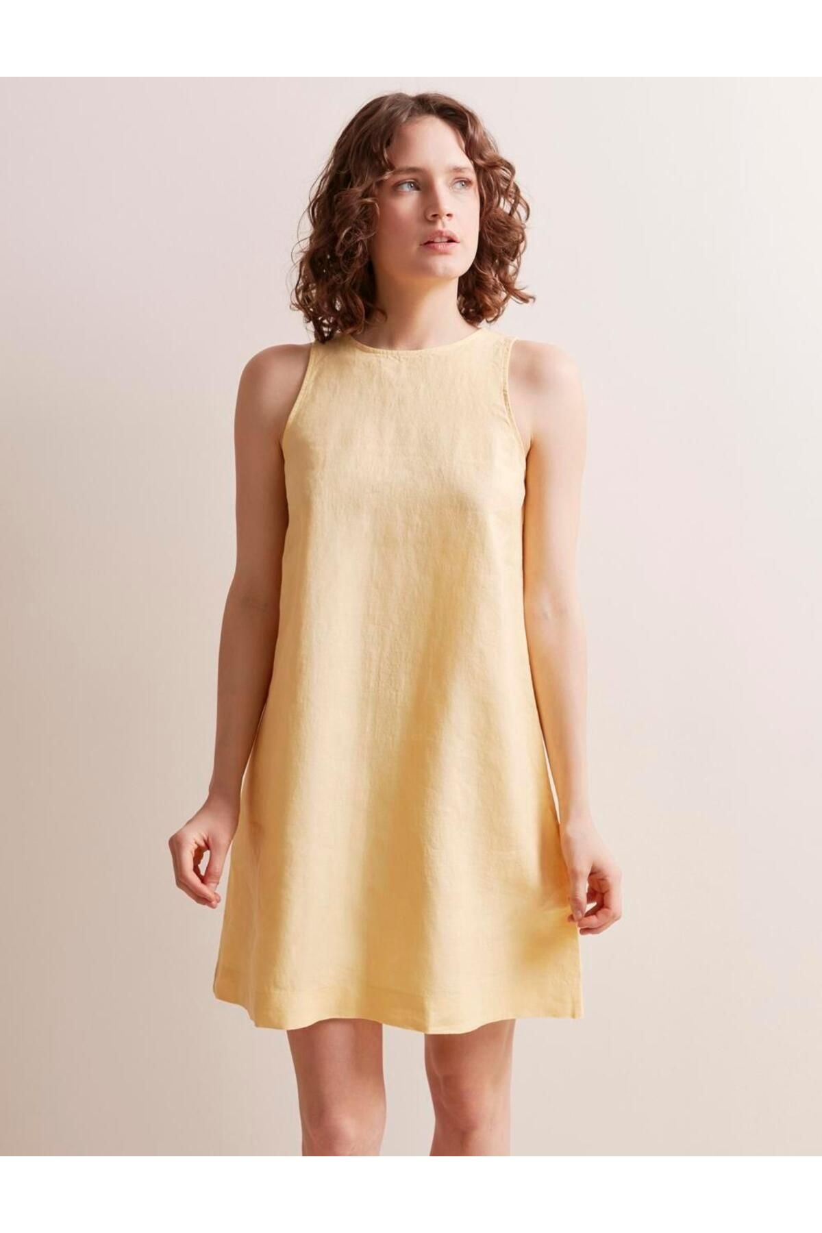 Jimmy Key-Yellow Straight Cut Crew Neck Sleeveless Linen Dress 3