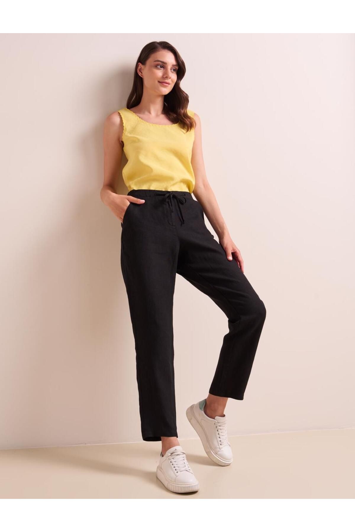 Jimmy Key-Black Straight Cut Linen Trousers with Elastic Waist Pockets 5