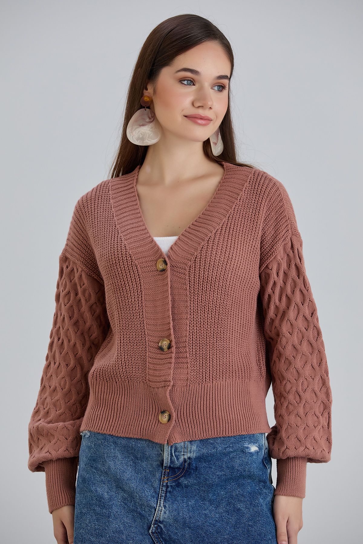 hanope-Women's Balloon Sleeve Knitted Patterned Crop Knitwear Cinnamon Cardigan 5