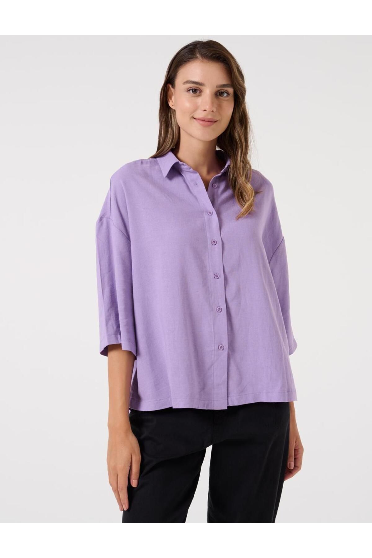 Jimmy Key-Lilac Loose Cut Three Quarter Sleeve Linen Shirt 1