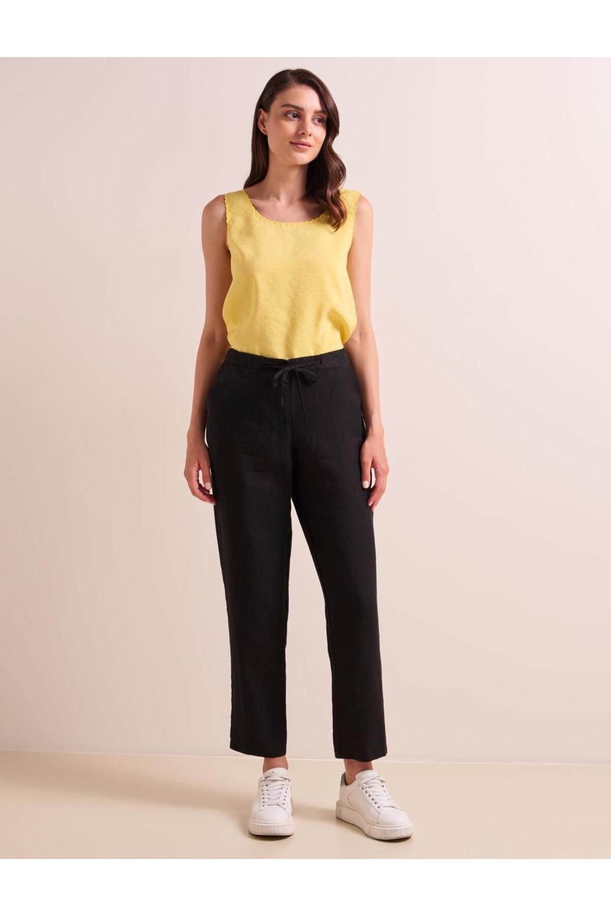 Jimmy Key-Black Straight Cut Linen Trousers with Elastic Waist Pockets 2