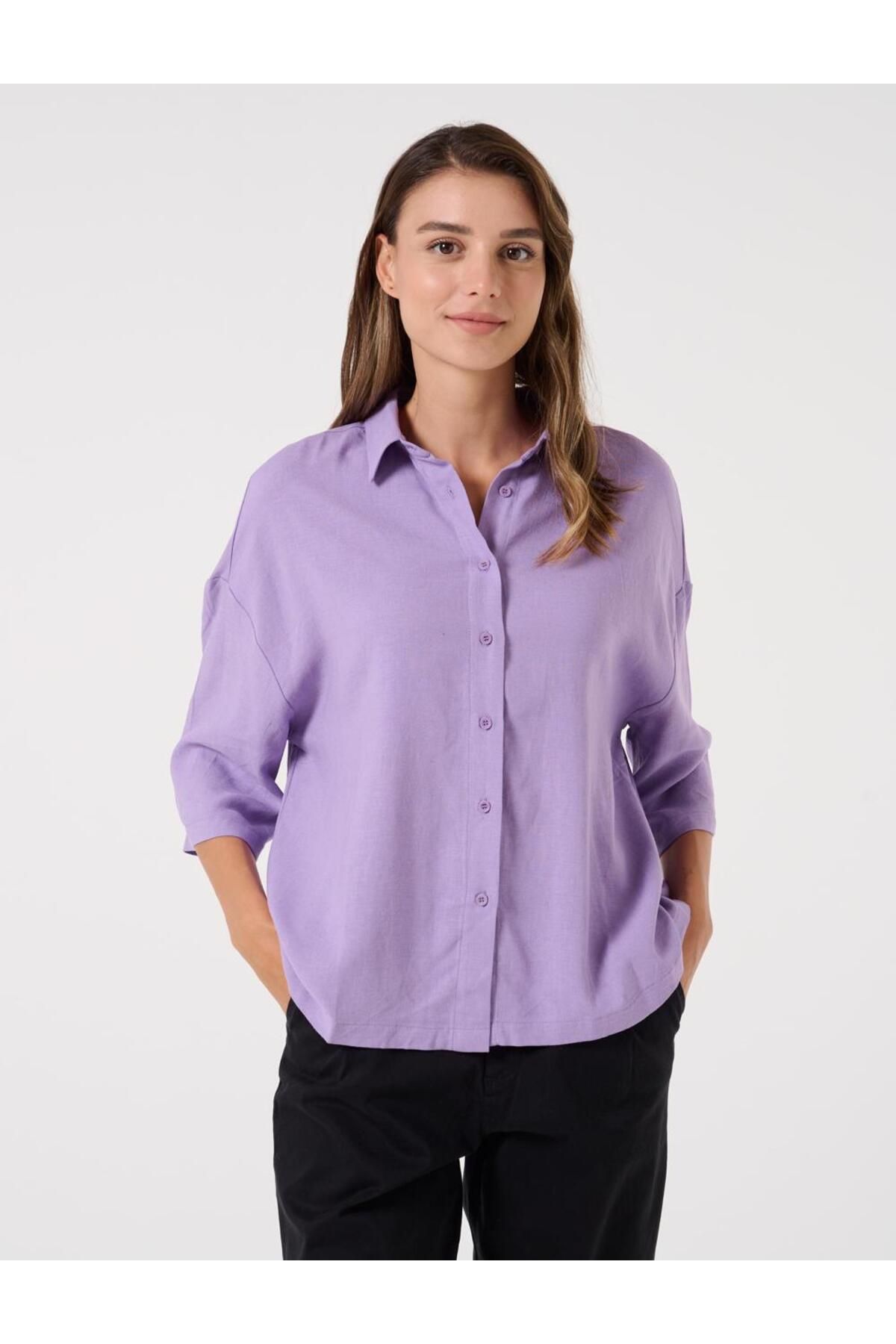 Jimmy Key-Lilac Loose Cut Three Quarter Sleeve Linen Shirt 2