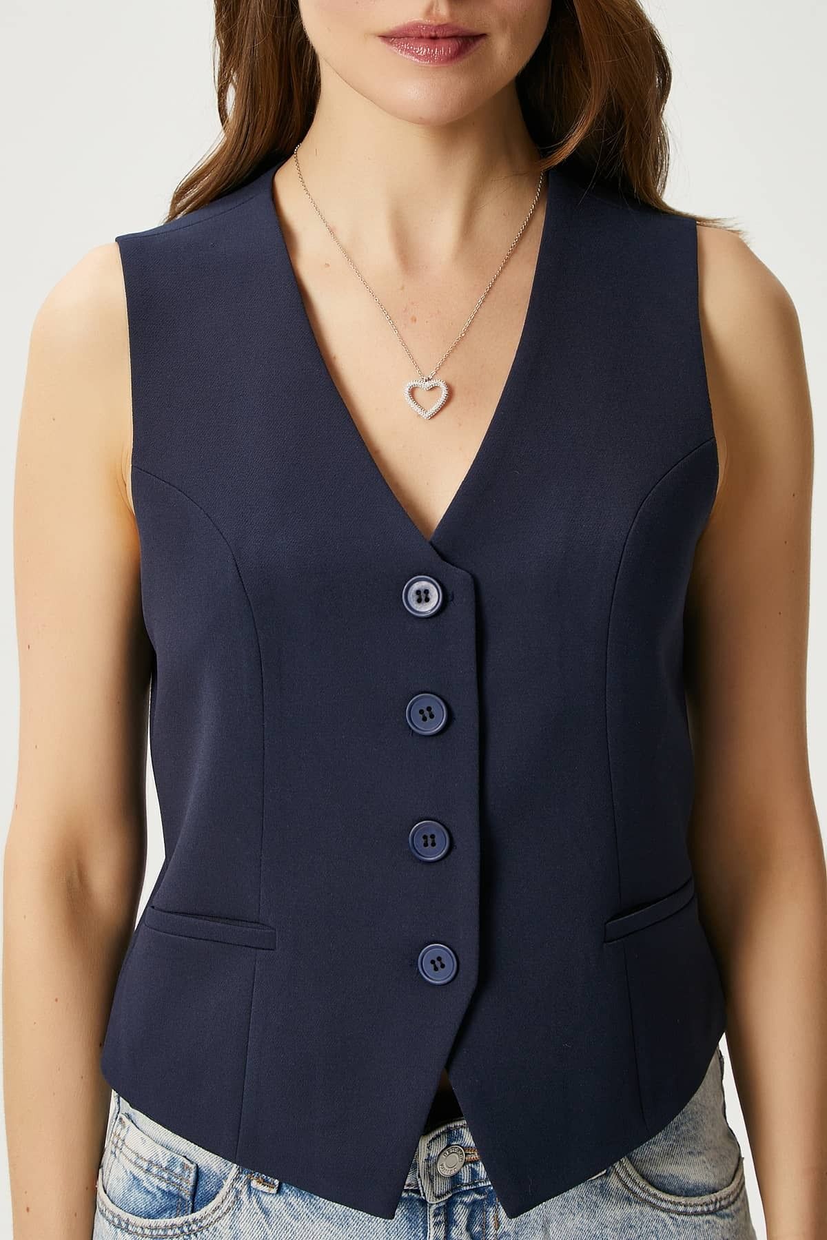 Ritnice-Women's Style Navy Blue Lined Woven Vest 3