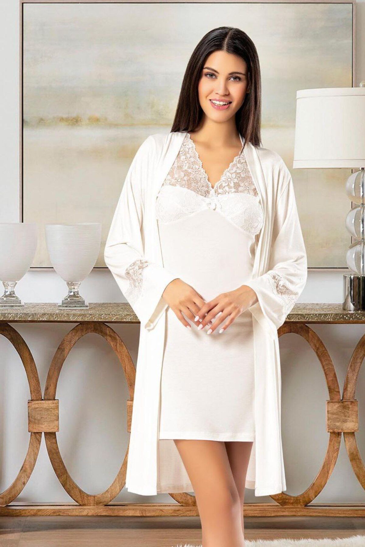 ROZELT Dantel Detaylı Gecelik Sabahlık Takım Ekru 6020