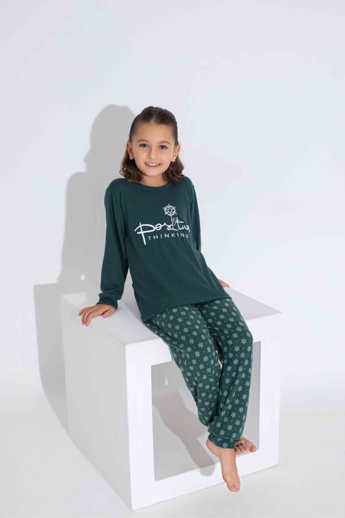 Tarık-Women's Green Snowflake Pattern Mother Girl Combination Thermal Winter Warm Soft Pajamas Set 6