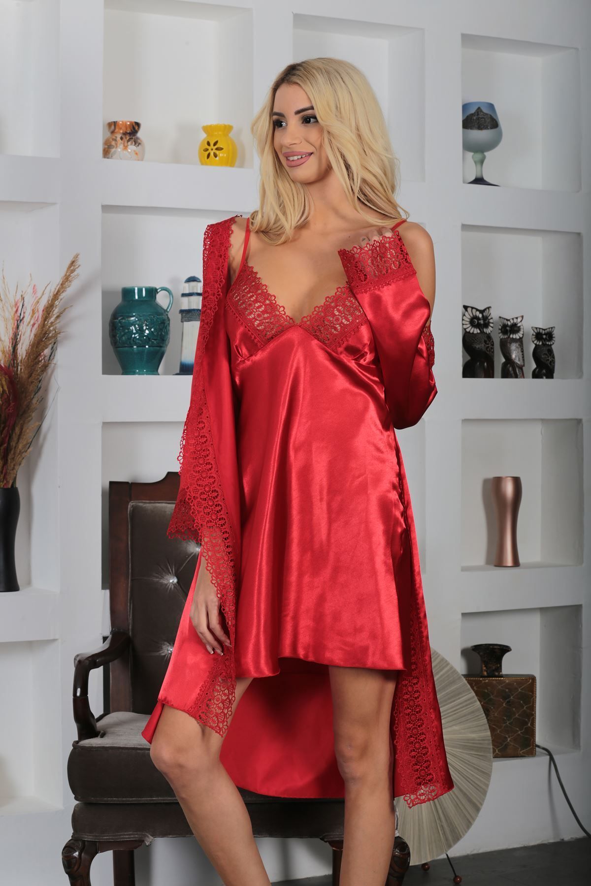 Sistina Kırmızı Saten Gecelik - 1703 - Beden L/XL DRSTR