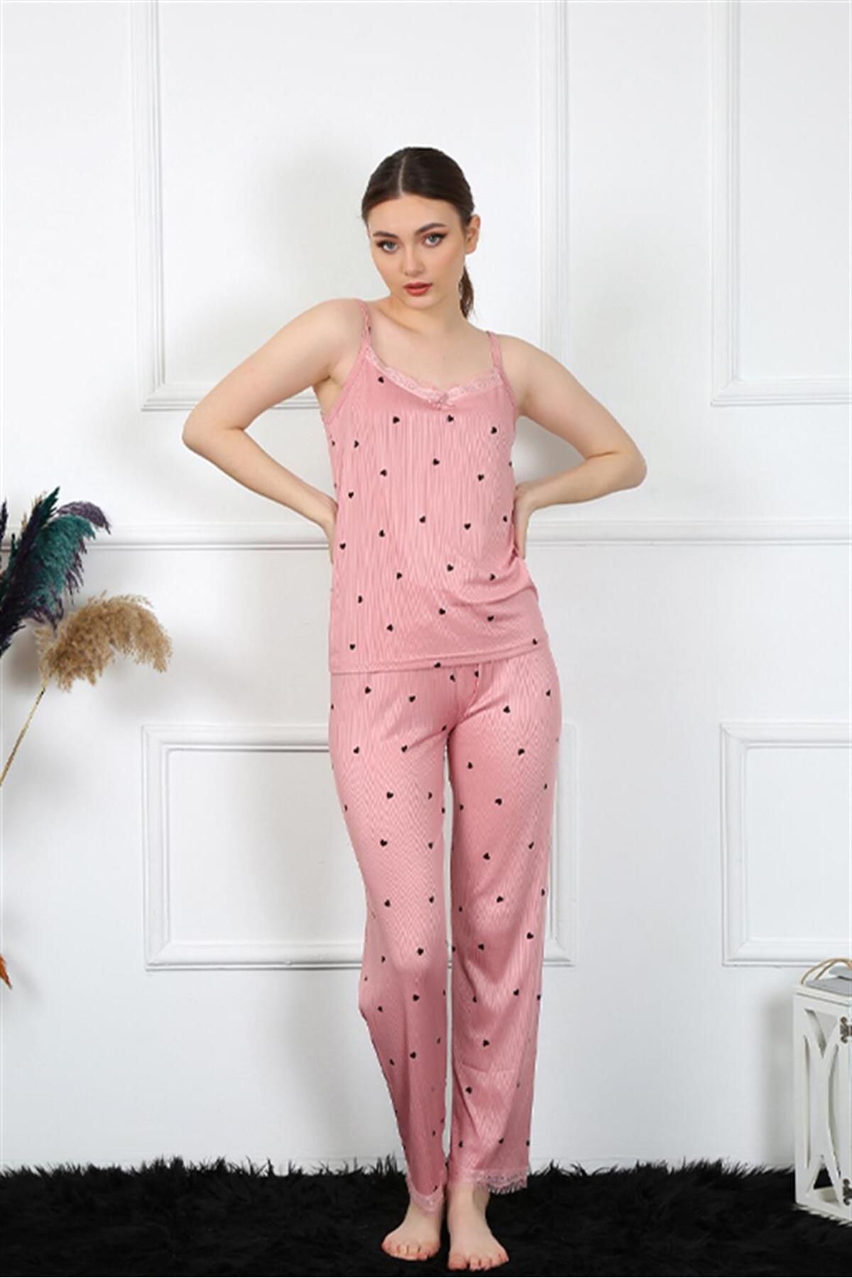 ZenWave BSMA Moda Çizgi Kadın İp Askılı Somon Pijama Takım 4138