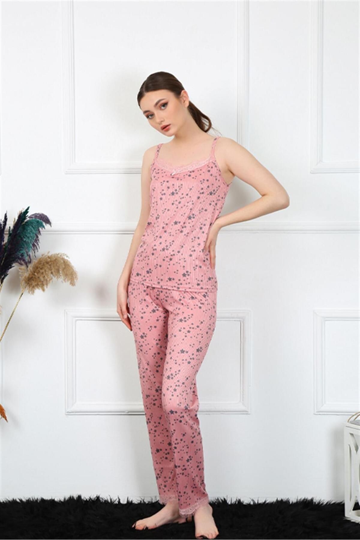 ZenWave BSMA Moda Çizgi Kadın İp Askılı Pudra Pijama Takım 4137