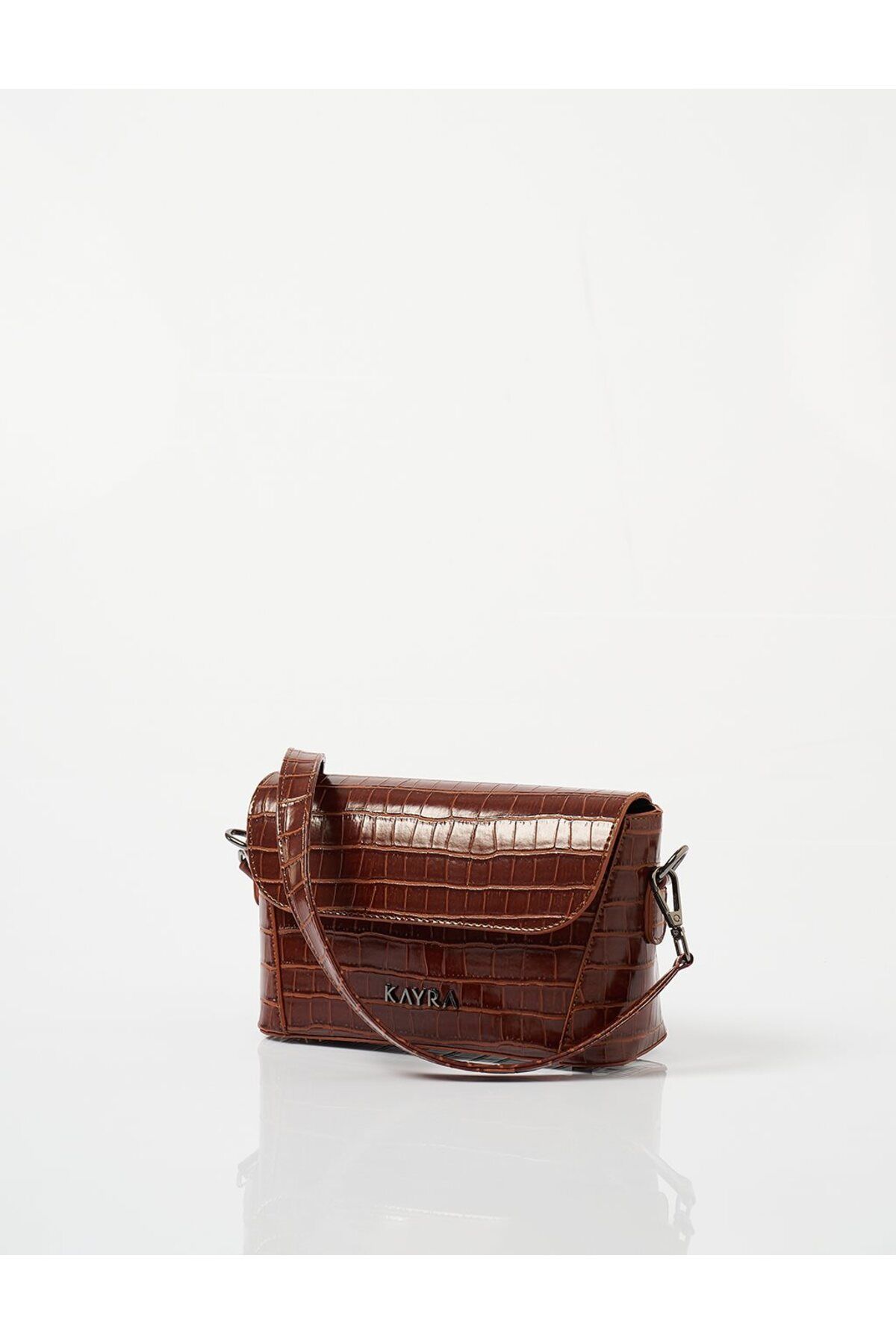 Kayra-Brown Suede Baguette Bag - Croco Patterned 1