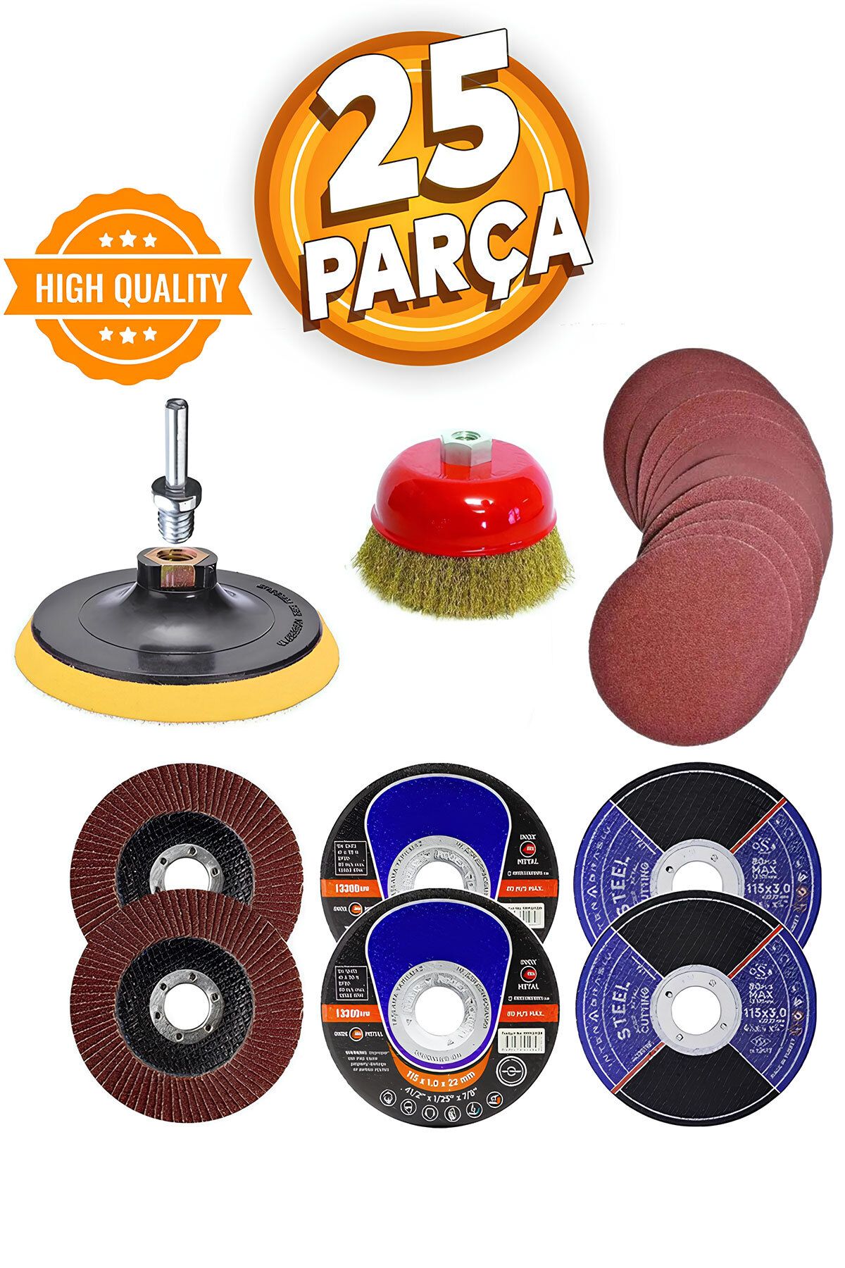 Badem10 25 Parça Avuç Içi Spiral Taşlama Makinesi 115 Mm Cırt Zımpara Flap Inox Metal Kesme Kesici Disk Seti