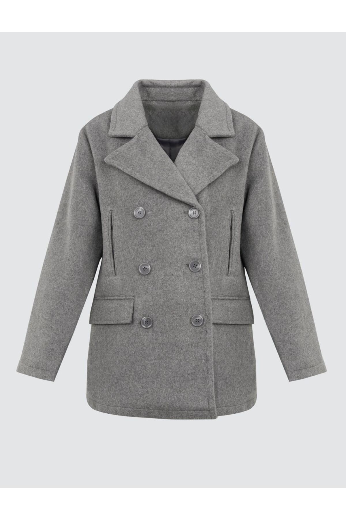 Jimmy Key-Gray Melange Button Detailed Short Stamped Wool Coat 7