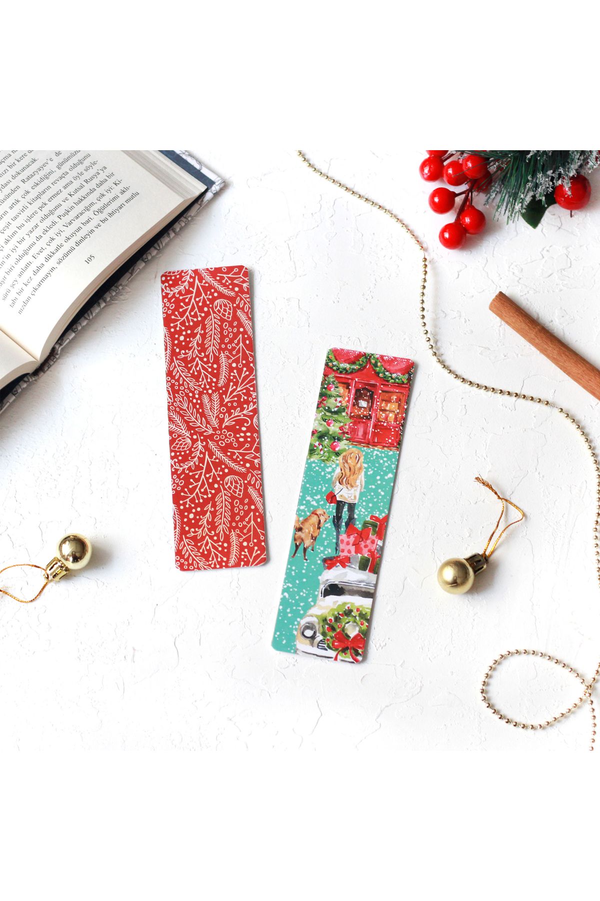 Bimotif-New Year's Bookmark, Red Leaf-snowledge Street 2 Pieces 1