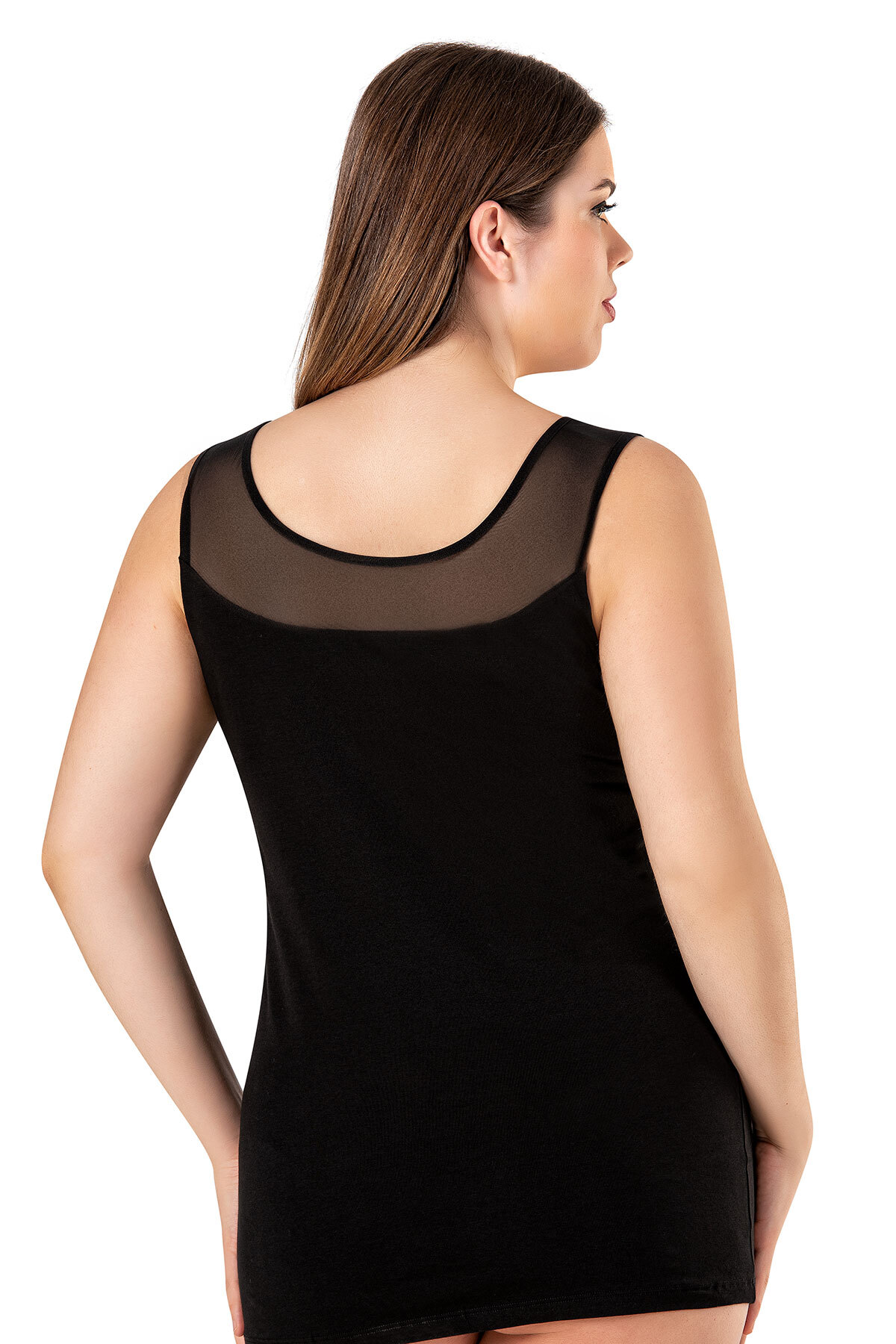 ÖZKAN underwear Özkan 20575-bb Siyah Kadın Büyük Beden Pamuklu Likralı Tül Detaylı Kalın Askılı Havuz Yaka Atlet görsel 2