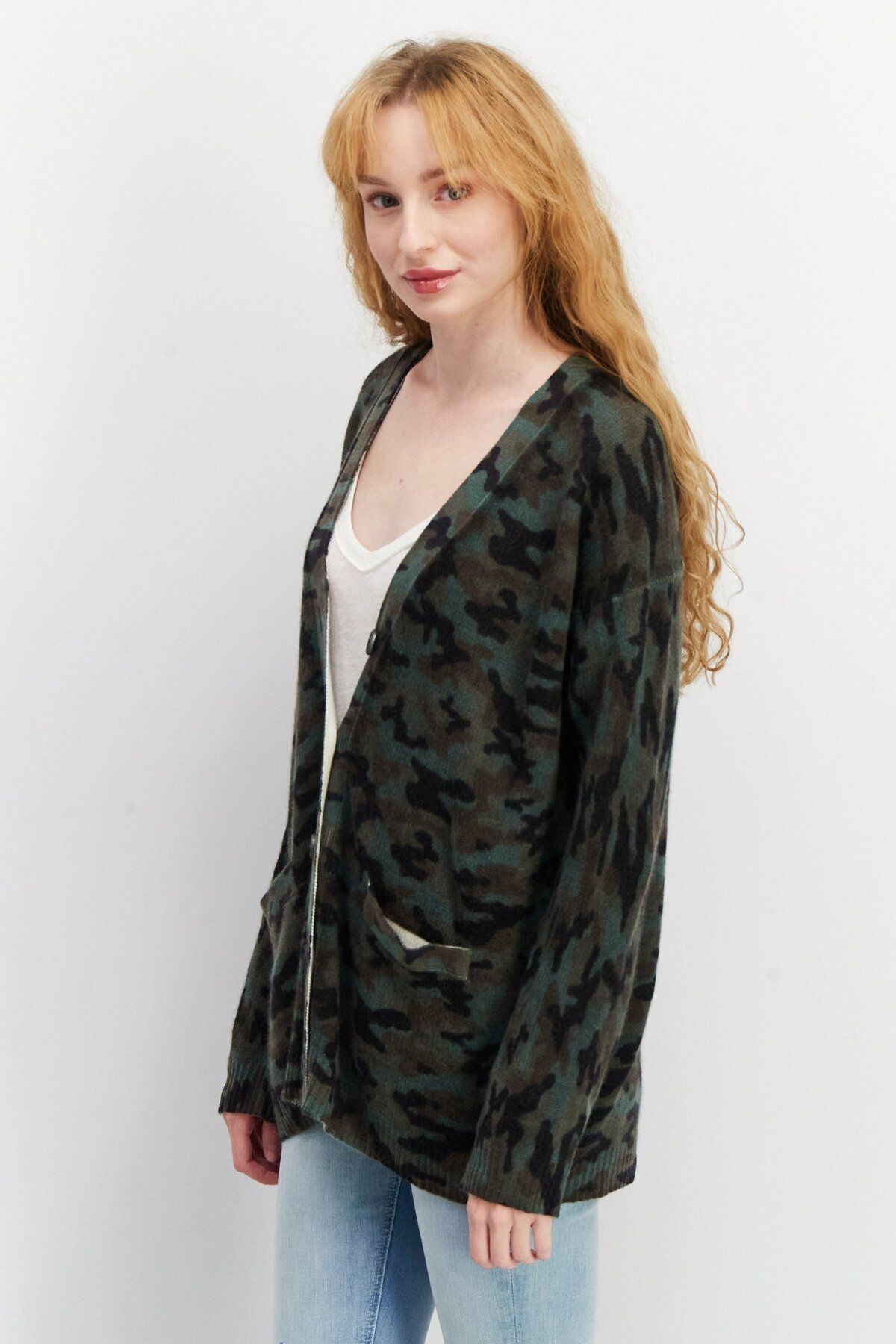 Aqua-Women V-Neck Camouflage Cashmere Cardigan, Green Combo 4