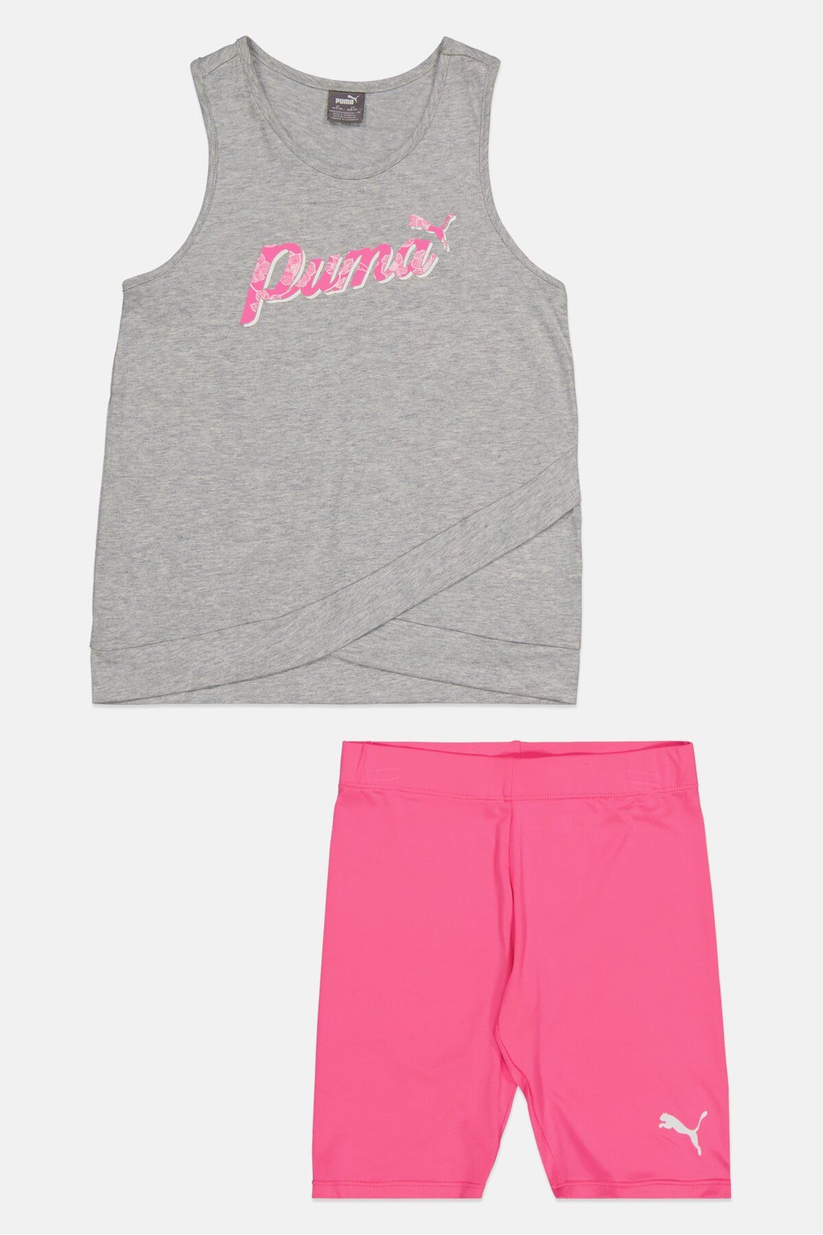 Puma-Kids Girl 2 Pcs Sportswear Fit Tank Top And Short Set, Grey/Pink 1