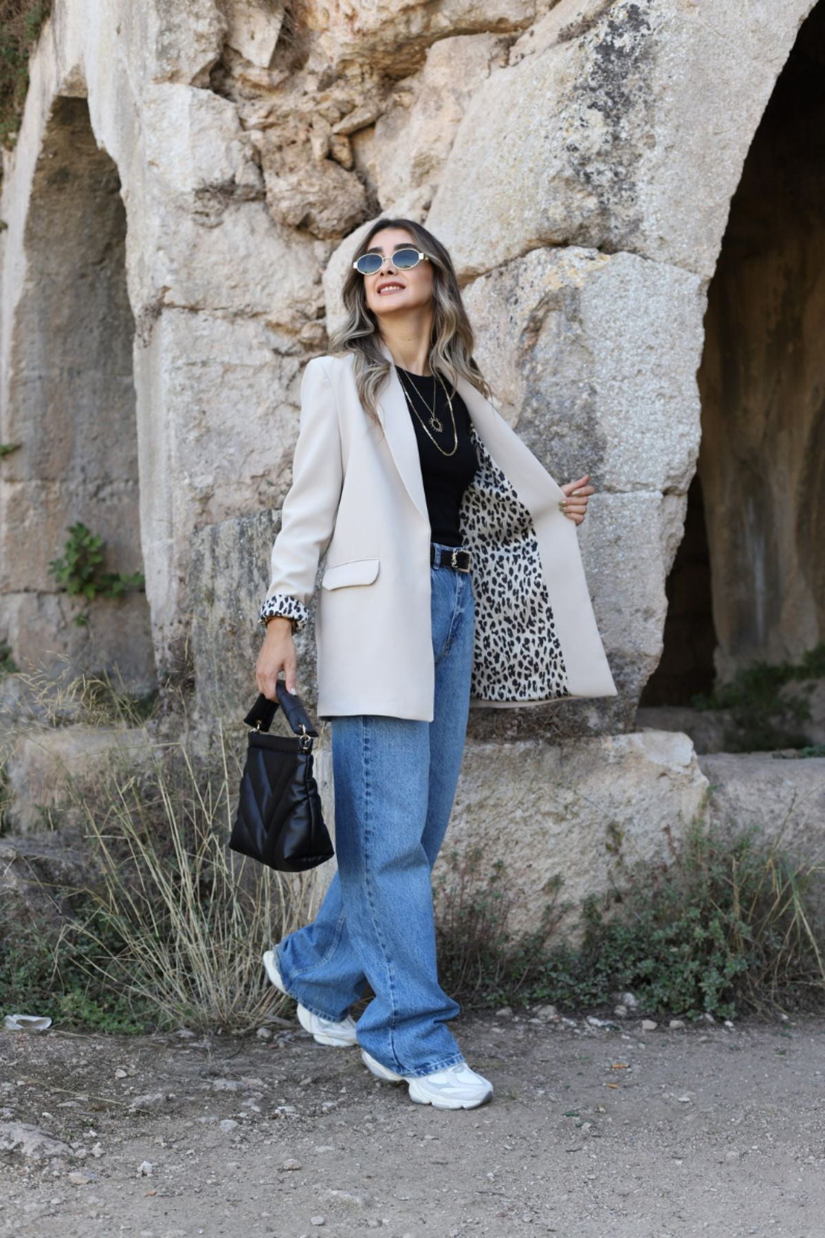 bytugcekaya-Leopard Patterned Stone Color Blazer - Shawl Collar Lined 2