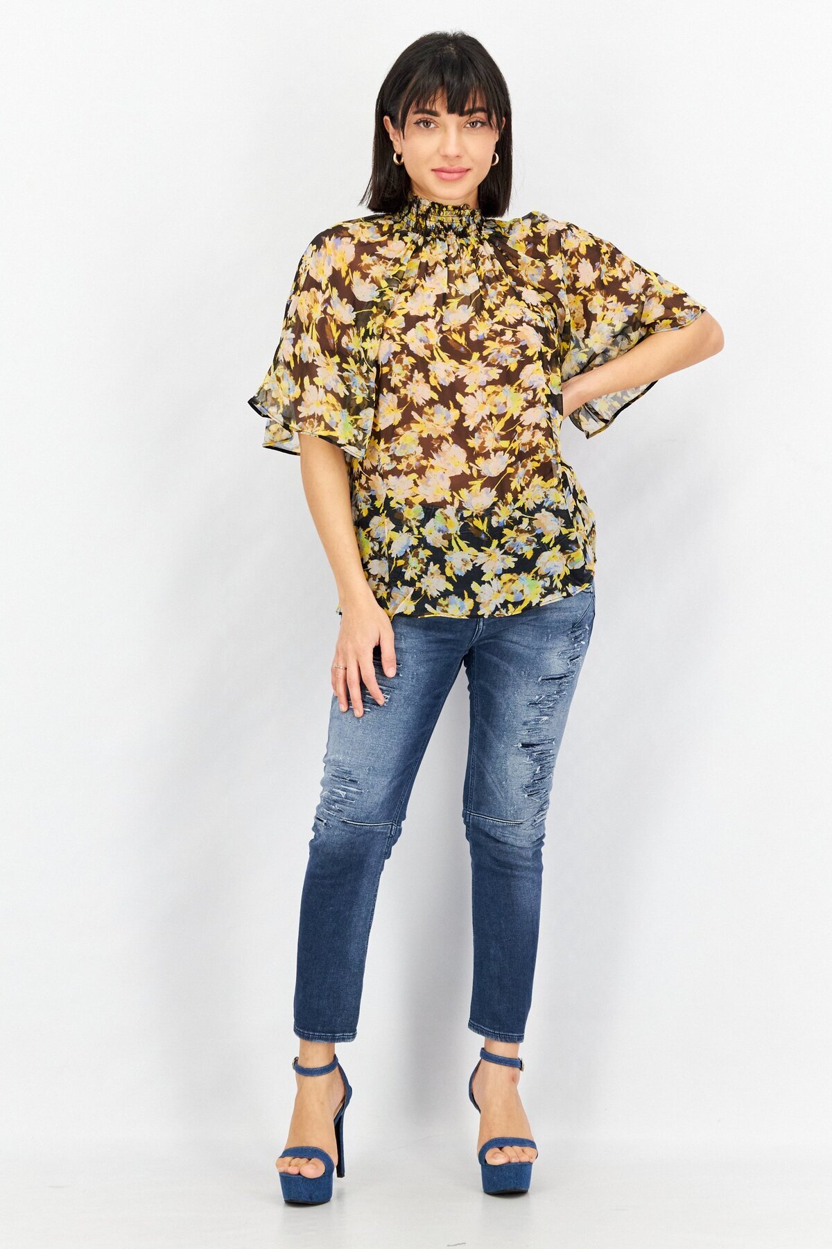 Joie-Women Mock Neck Bell Sleeve Allover Print Top, Black Combo 4