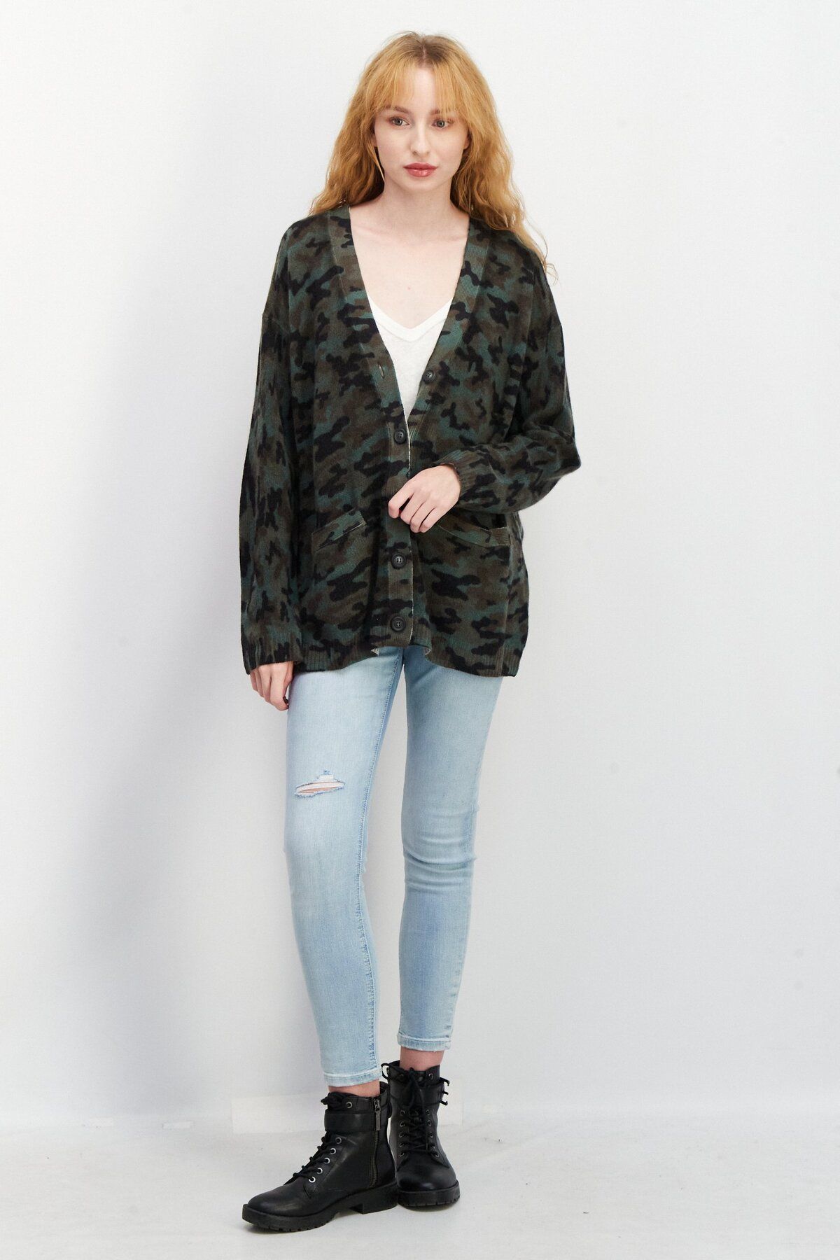 Aqua-Women V-Neck Camouflage Cashmere Cardigan, Green Combo 3