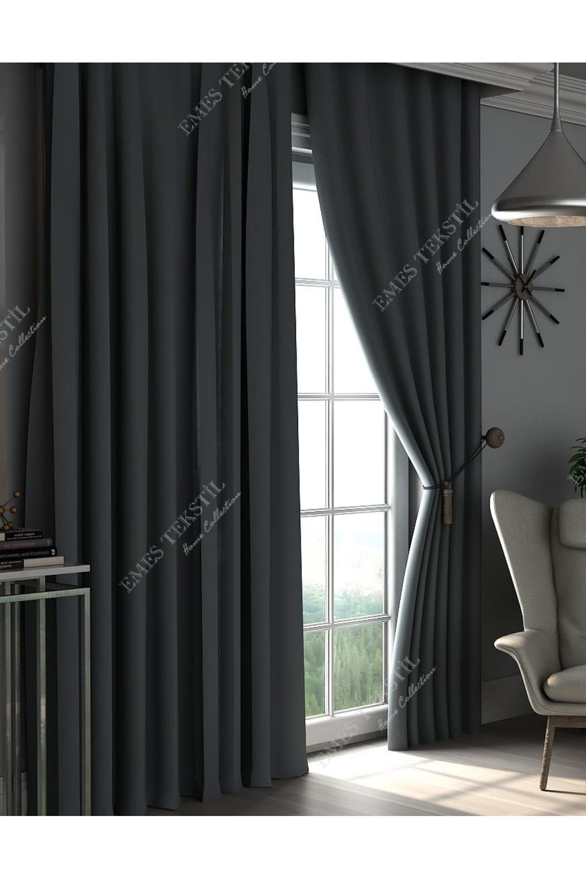 Taç-Curtainpendik Luxury, Anthracite - Dark Gray Blackout Thick Blackout Sunshade Curtain (En X Size Single Wing) 2