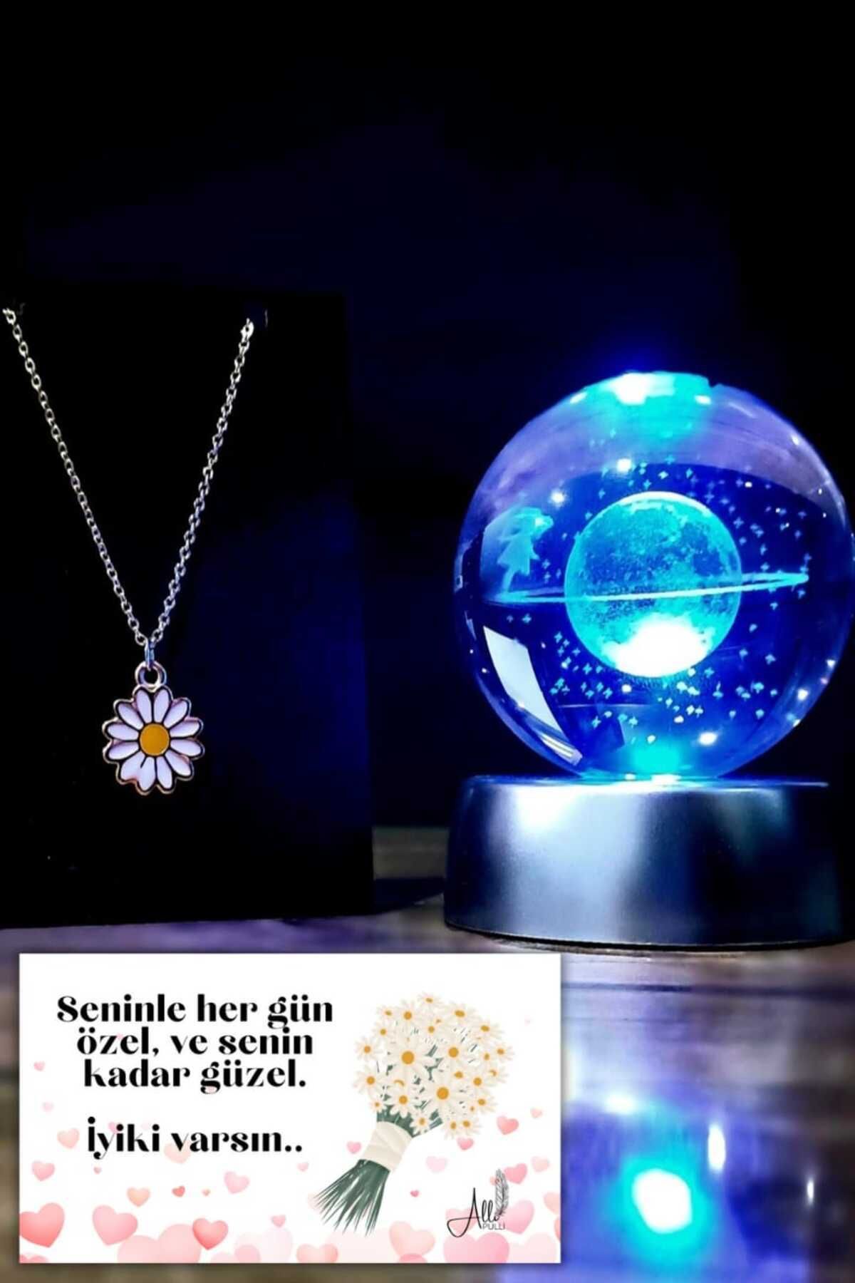 Alli Pulli Renk Değiştiren Led Işıklı Cam Satürn Kız Küre Ve Papatya Kolye Doğum Günü, Sevgililer Günü