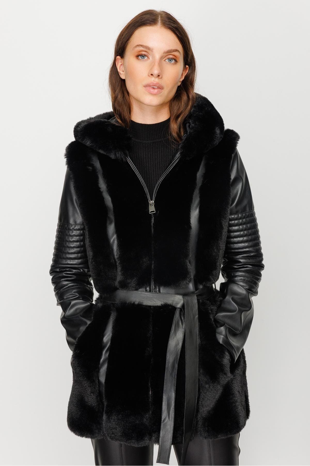 Moda İlgi-Modailgi Hooded Fur Detailed Leather Coat Black 2