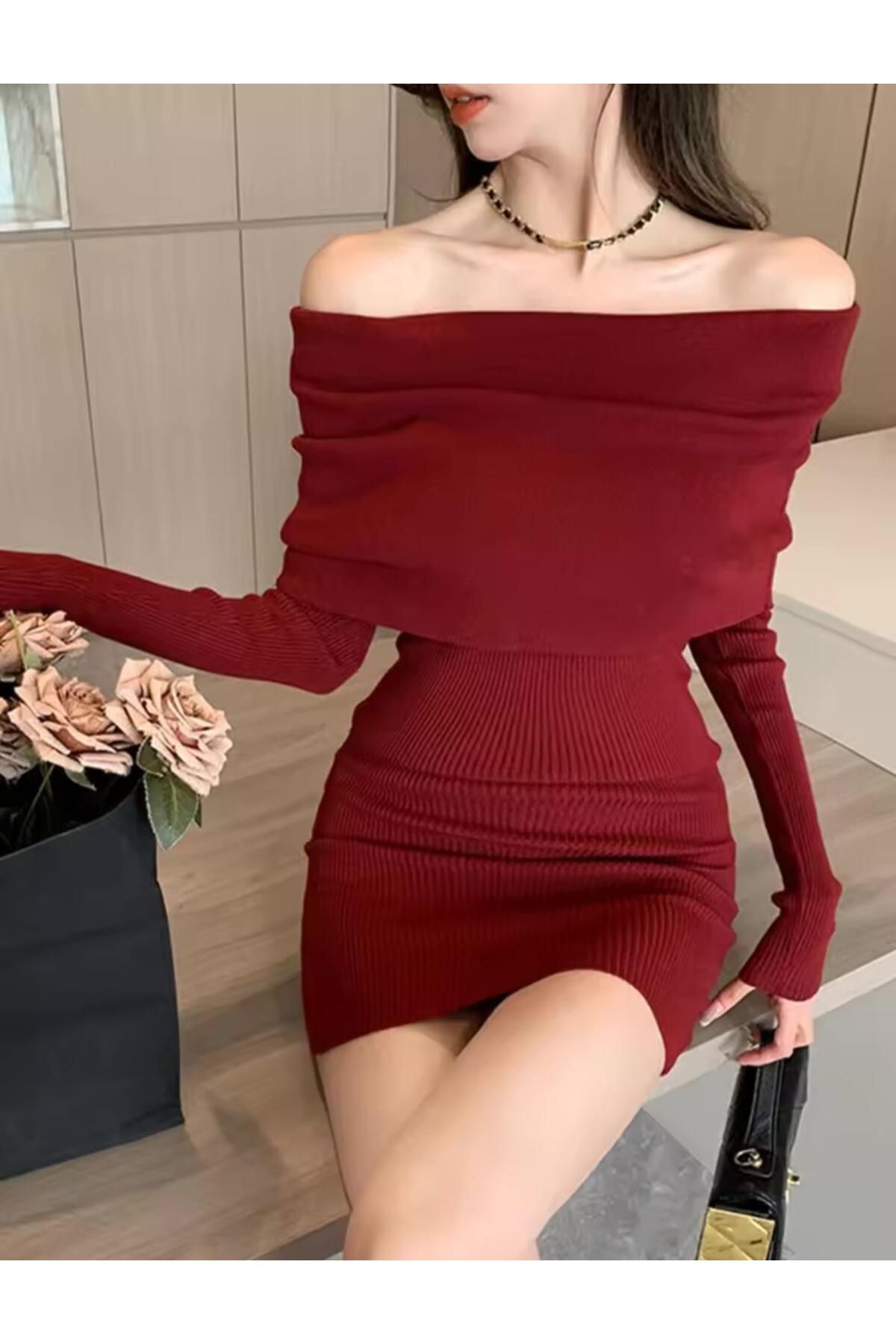 Styling Park-Ribbed Camisole Shoulder Detailed Carmen Collar Long Sleeve Mini Dress 1