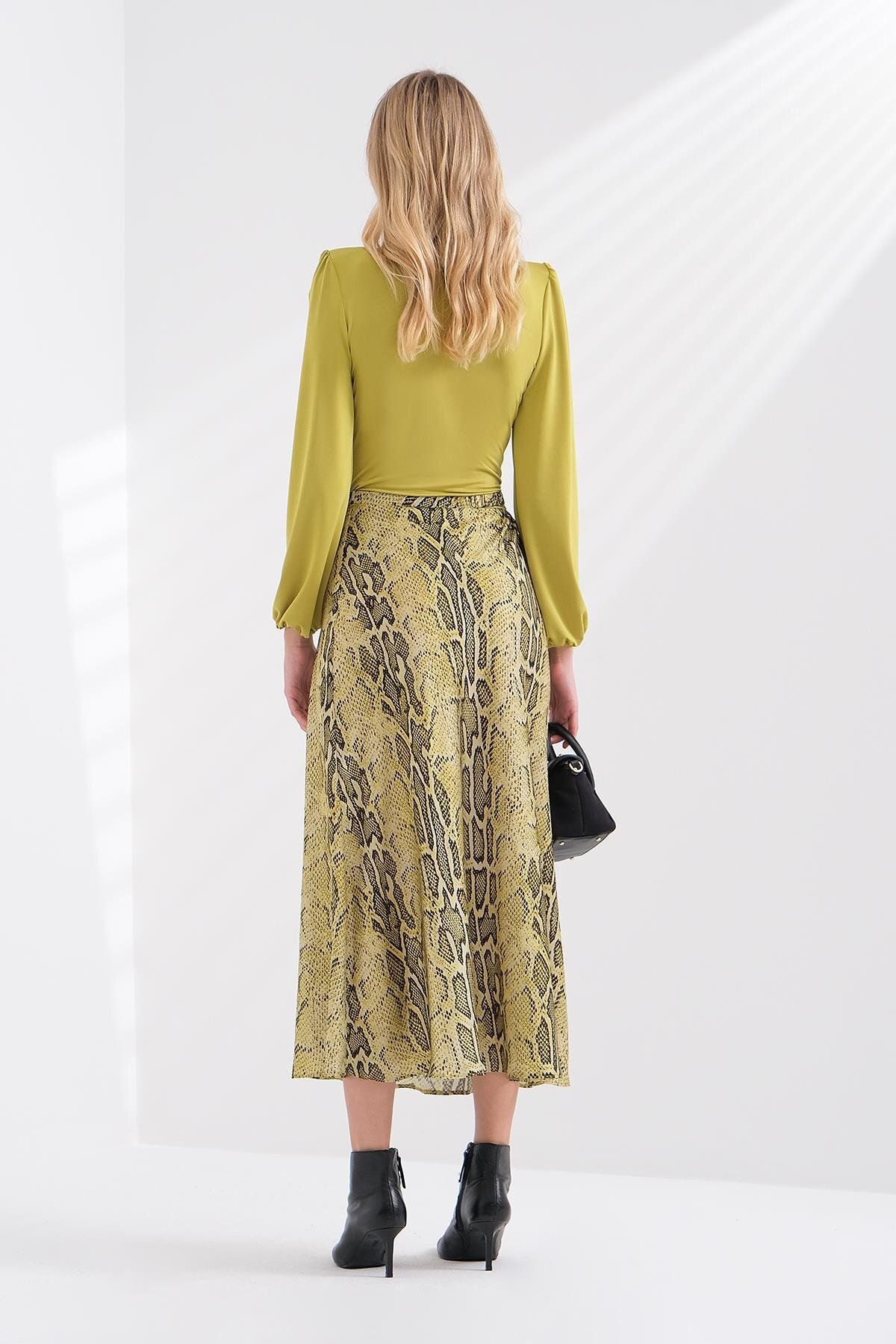 EXPLOSION-Python Patterned Cut Out Detailed Satin Midi Skirt 2