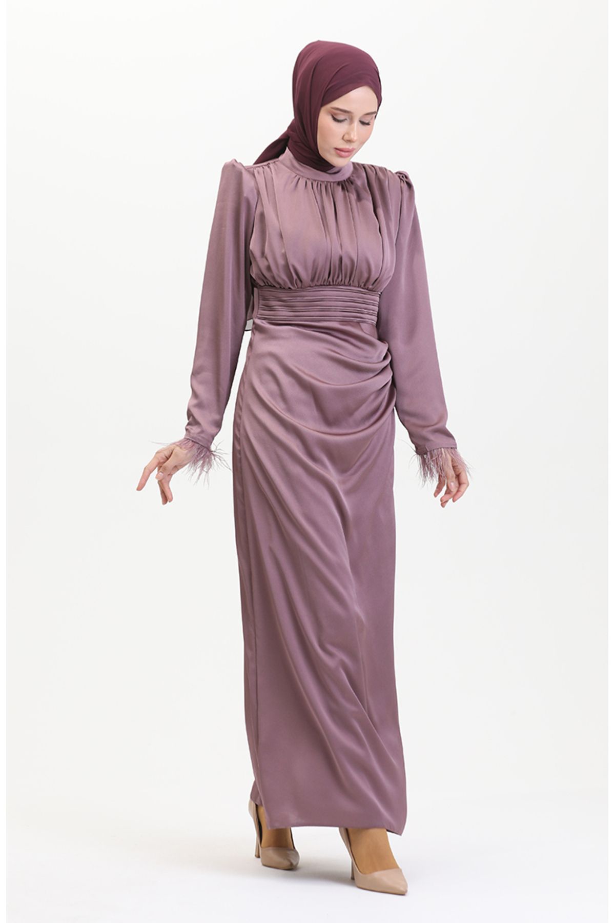 sefamerve-Dried Rose Satin Evening Dress - Pleat Detailed, Model 6374-02 3