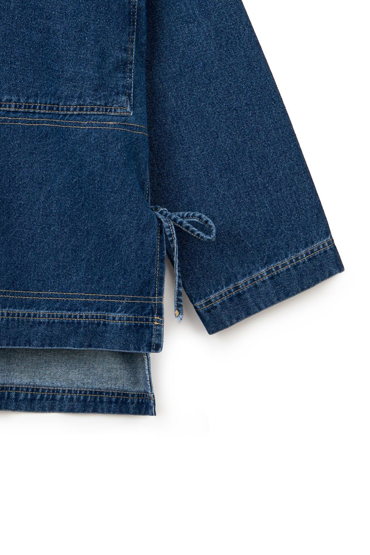 praye  Yanı Bağcıklı Kot Ceket Koyu Mavi - Görsel 3