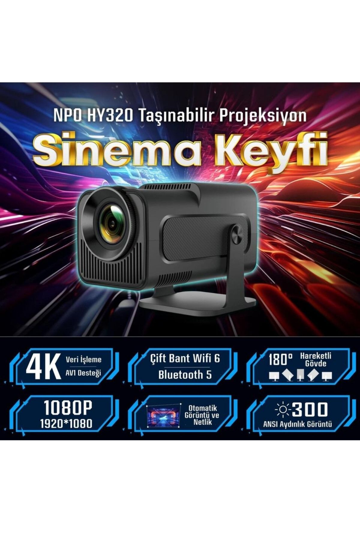 CeceGo Taşınabilir Sinema Projektörü Hy320 Mini Siyah 4k 1080p Ile Ev Sineması Bluetooth Android Lensun