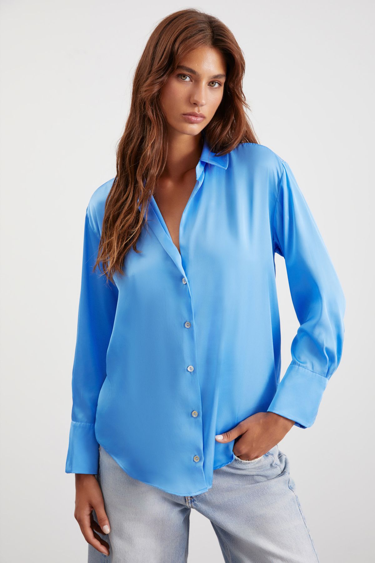 GRIMELANGE-Sheila Women's - Premium Satin, Relaxed Fit Blue Shirt, Long Sleeve 1