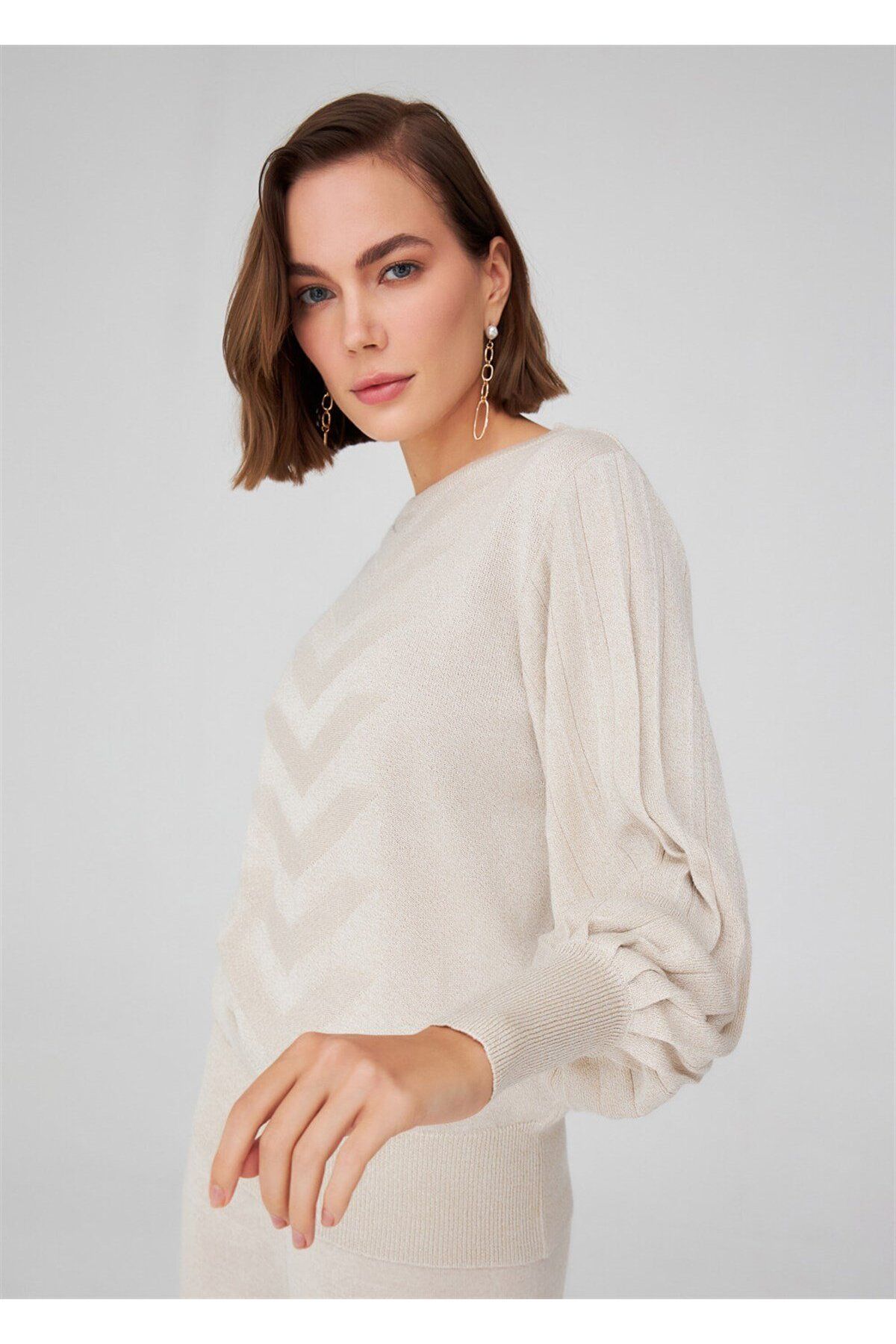 Peraluna-Women's Knitwear Blouse - Pleated Sleeves, Crew Neck, Glitter Detail, Cream 3