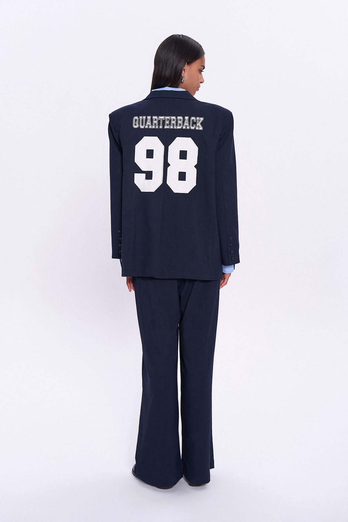 Quzu-Navy Blue Blazer Jacket - Back Number and Text Printed 5