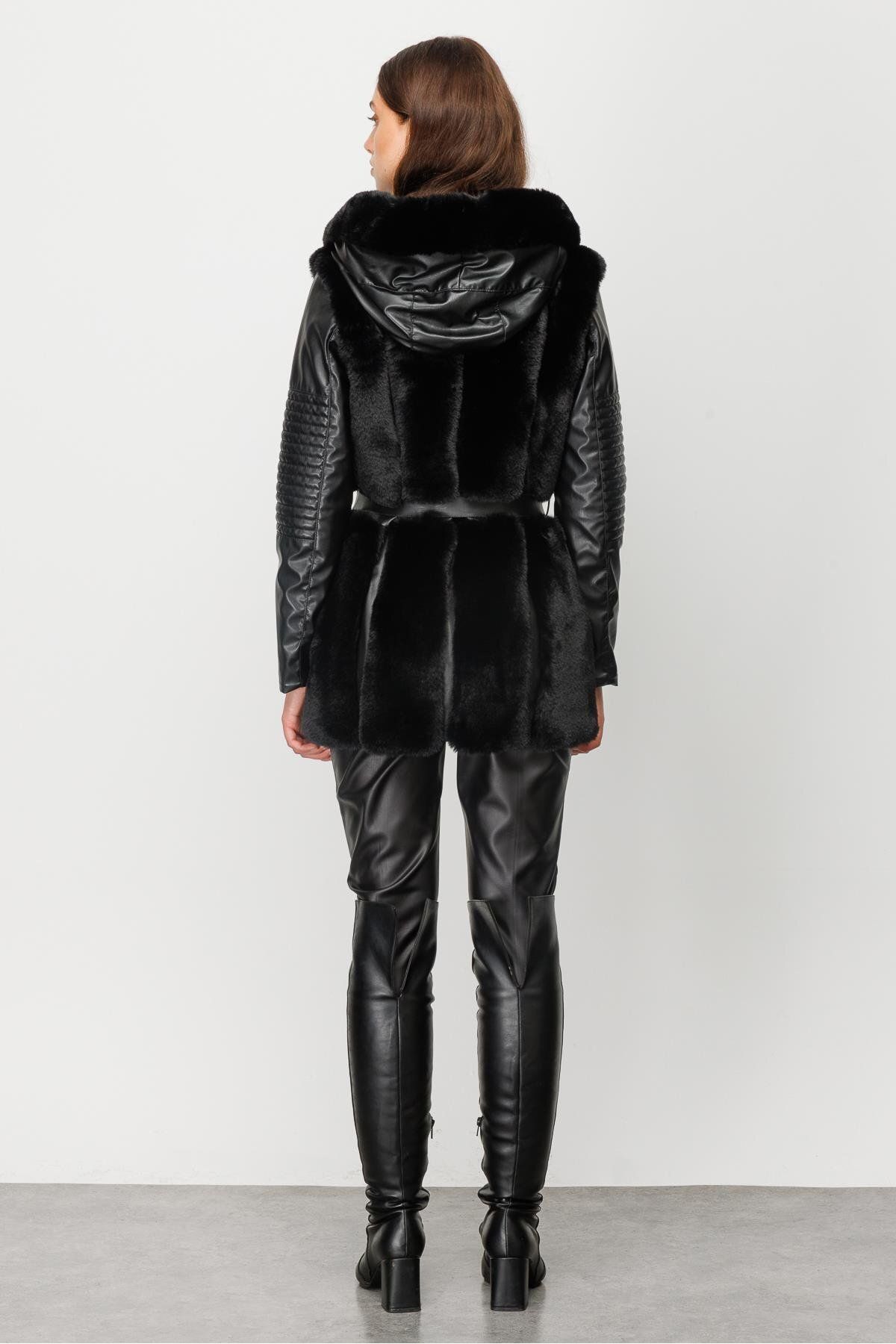 Moda İlgi-Modailgi Hooded Fur Detailed Leather Coat Black 6