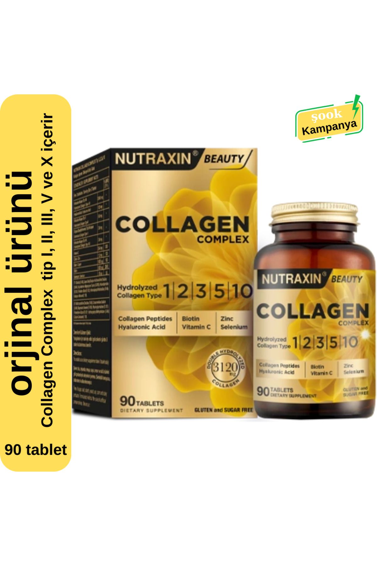 Nutraxin Collagen Complex 90 tablet; içerisinde kolajen tip I, II, III, V ve X içerir