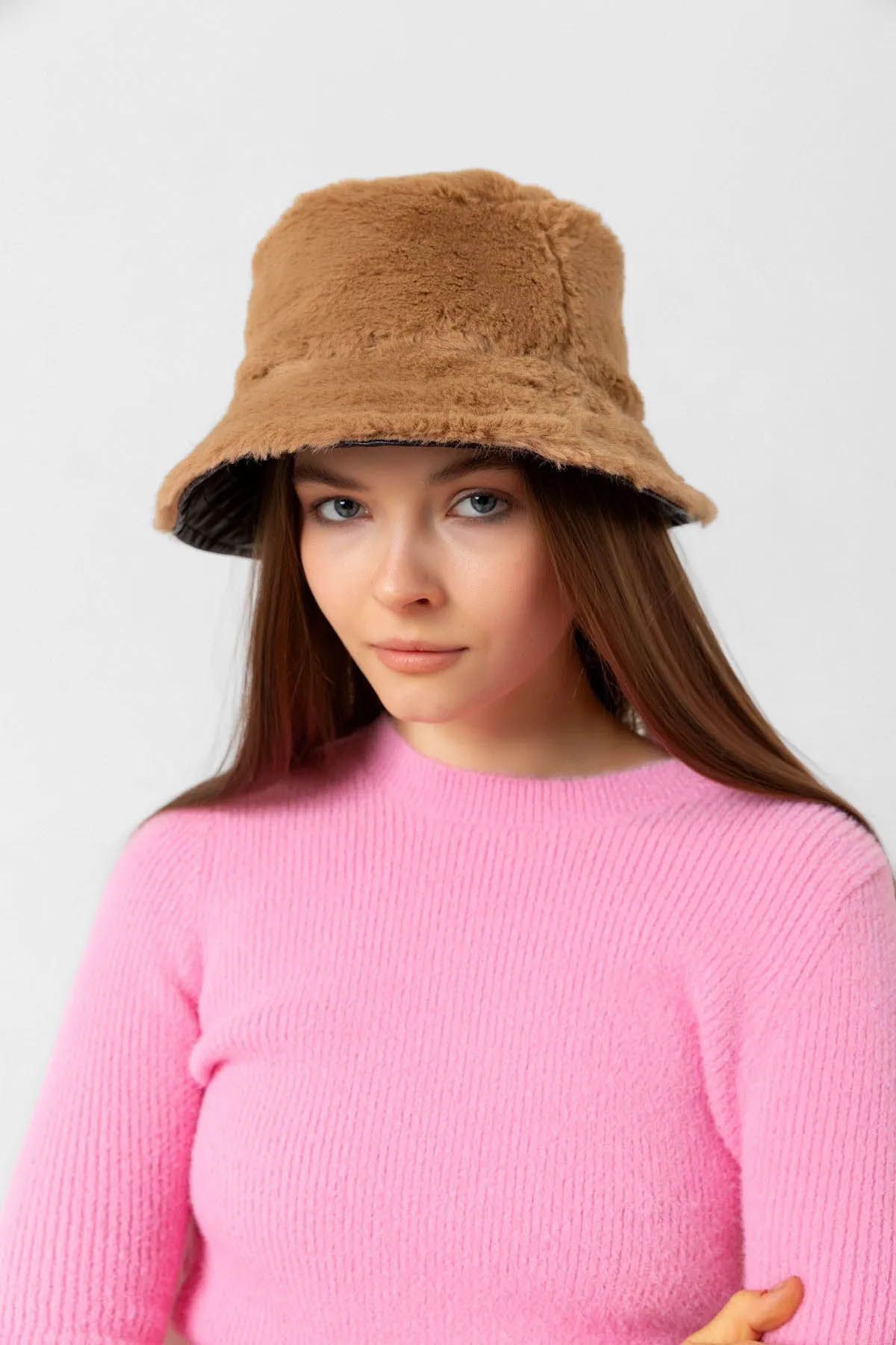 REMSA-Double Sided Black Brown Plush Leather Bucket Hat 6